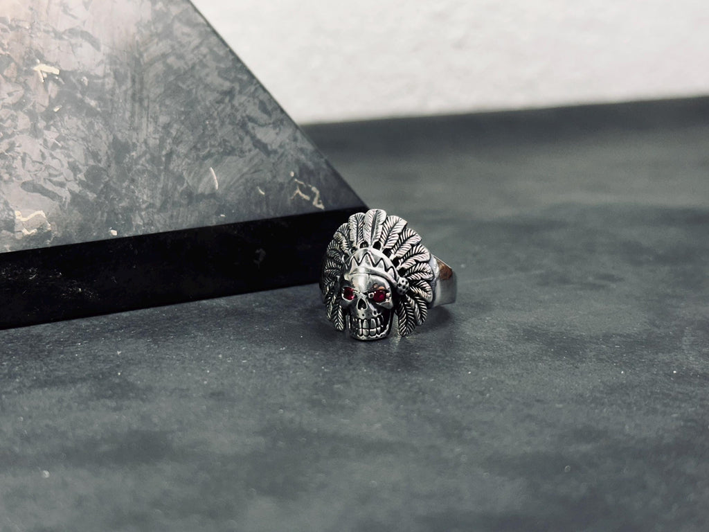 Indian Chief Skull Ring: Sterling Silver with Cubic Zirconia - Men's Jewelry