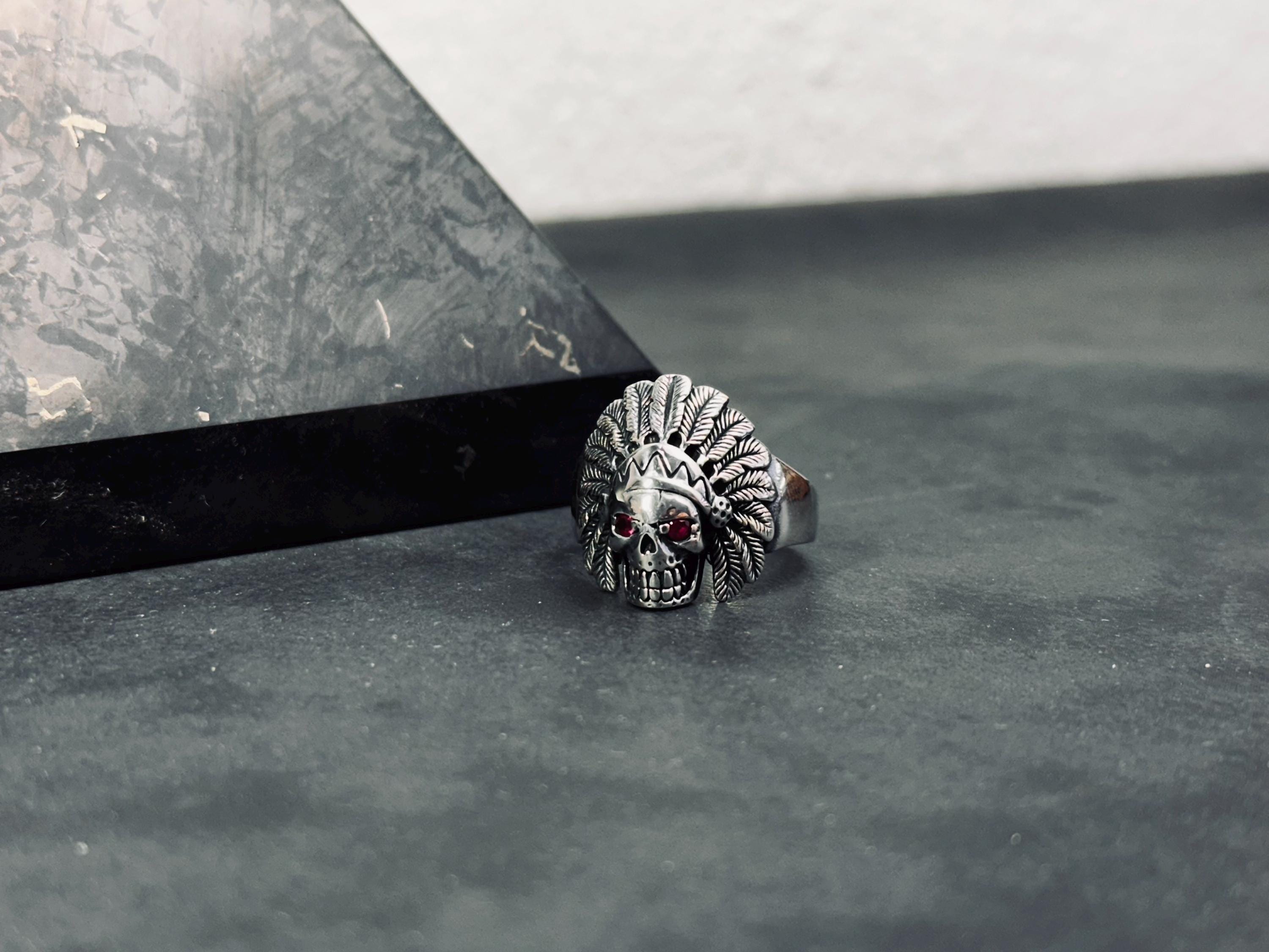 Indian Chief Skull Ring: Sterling Silver with Cubic Zirconia - Men's Jewelry