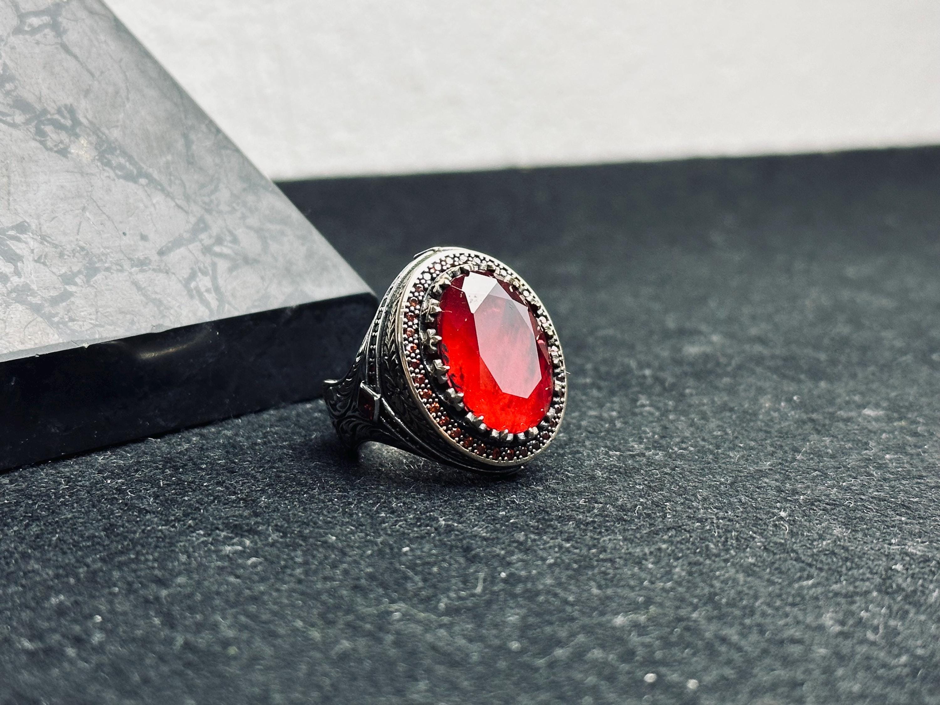 Men's Sterling Silver Ring, Oval Red Ruby (Handmade Statement)