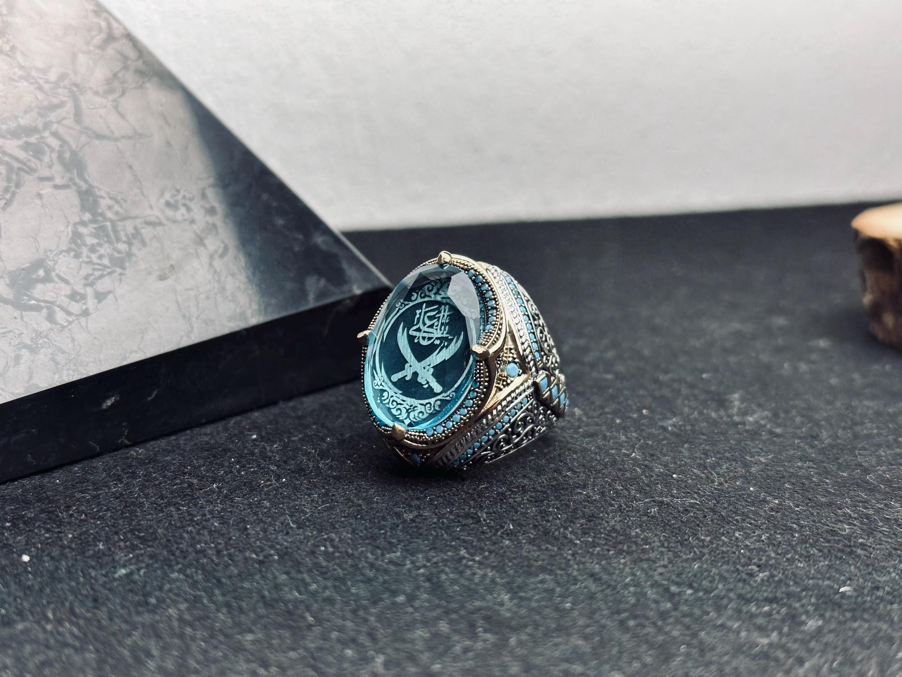 Zulfiqar Sword Ring: Islamic Sterling Silver Jewelry (Blue Zircon)