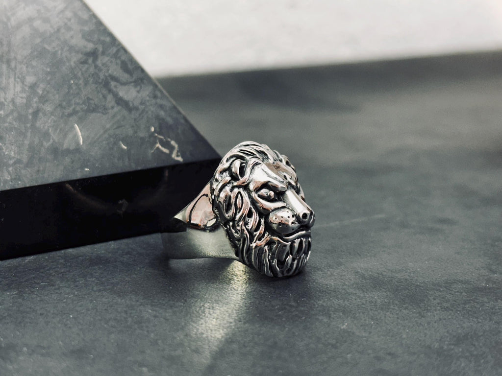 Sterling Silver Lion Head Ring, Handmade Animal Jewelry (Men's Size)