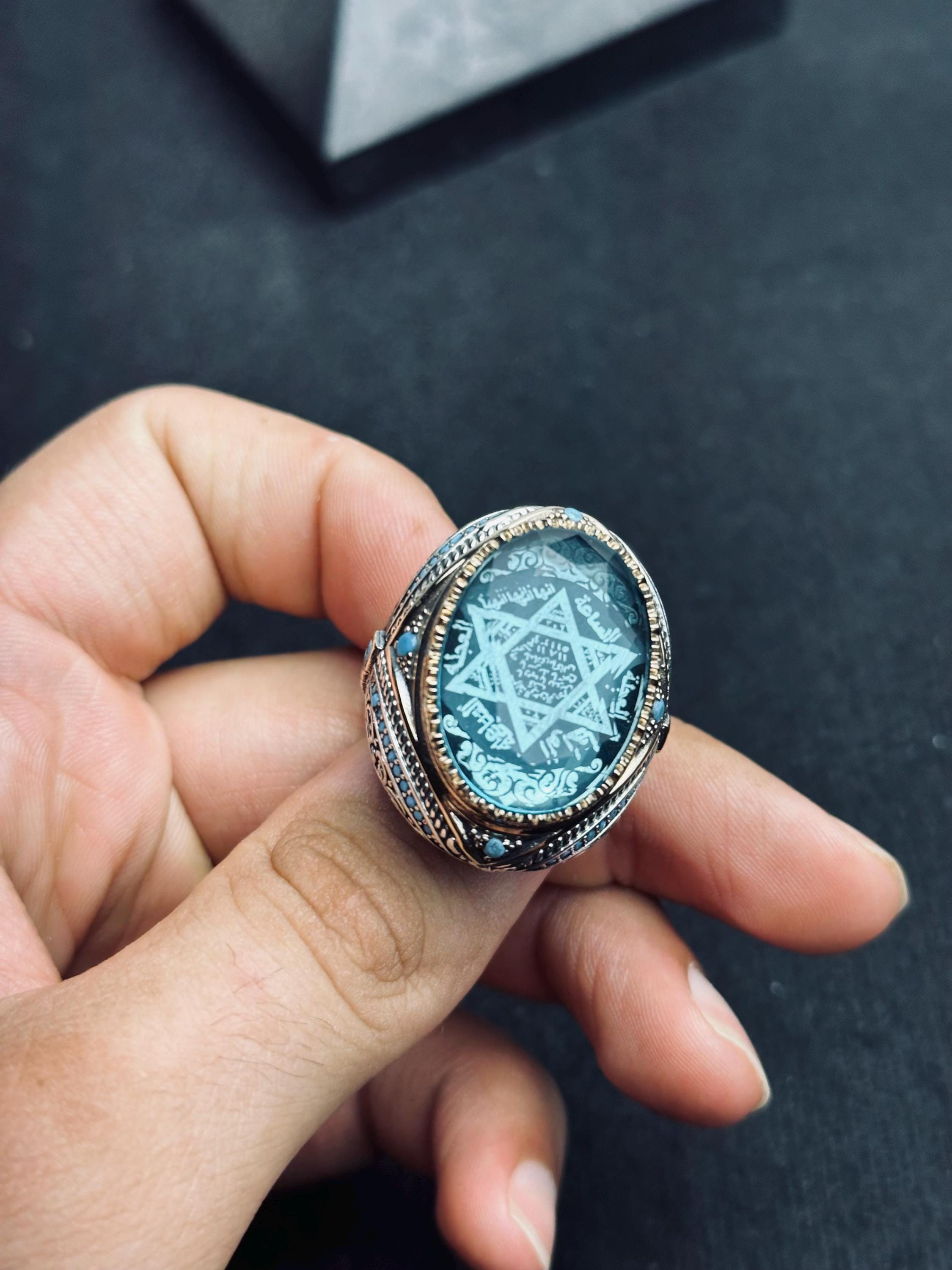 Aquamarine Silver Ring: Handmade Turkish Solomon Seal Design