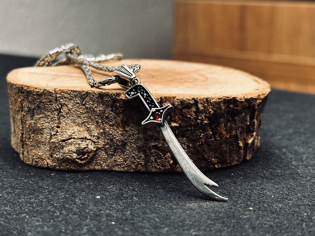 Silver Zulfiqar Sword Necklace: Islamic Design (Handmade, Zircon Accent)