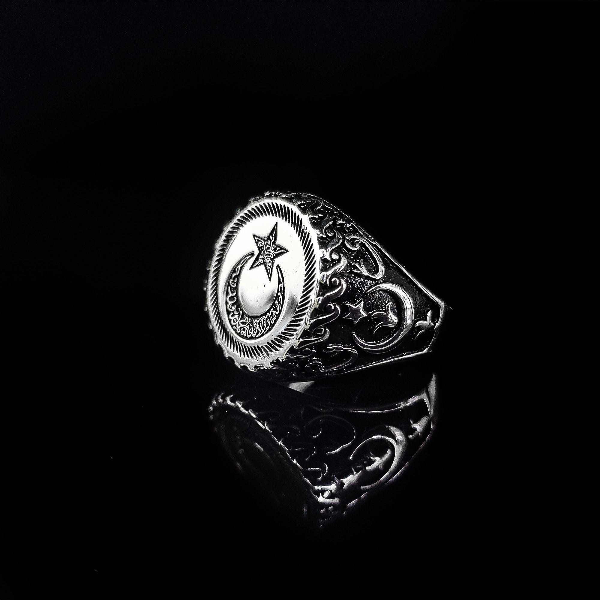 Moon and Star Ring: Sterling Silver Islamic Jewelry (Handmade)