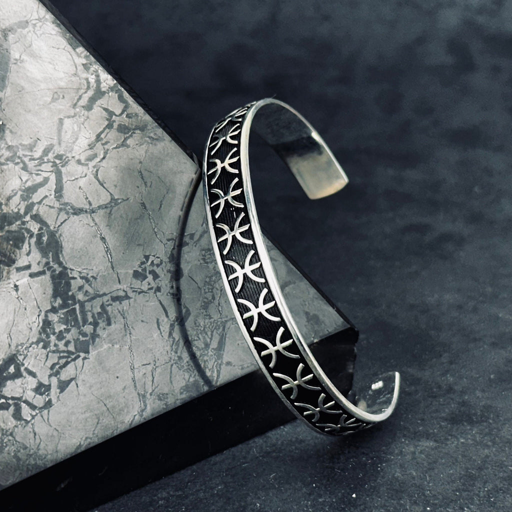 Sterling Silver Cuff Bracelet: Embroidered Pattern - Unisex Adjustable