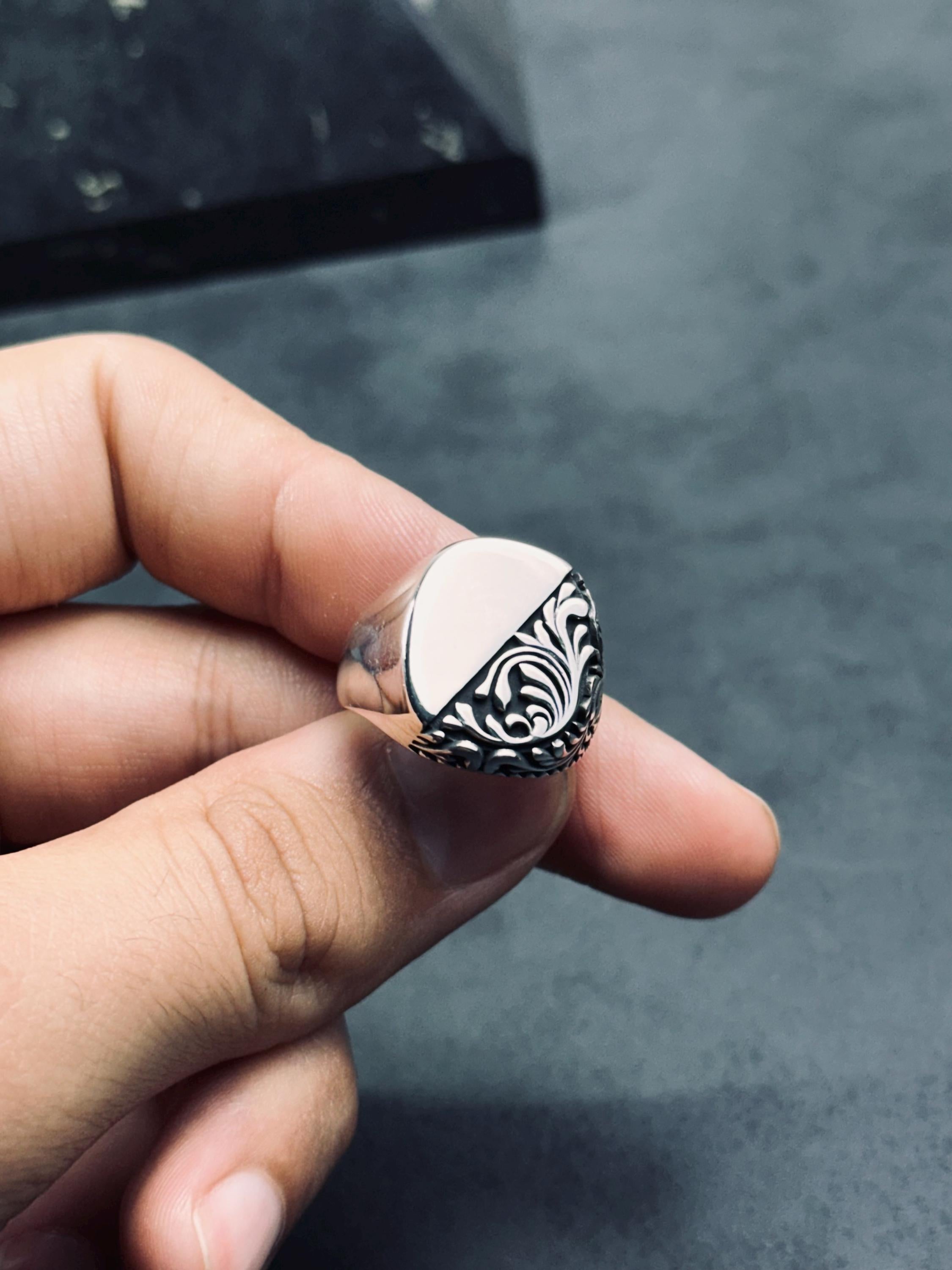 Sterling Silver Ring: Engraved Greek Style - Handcast Finish