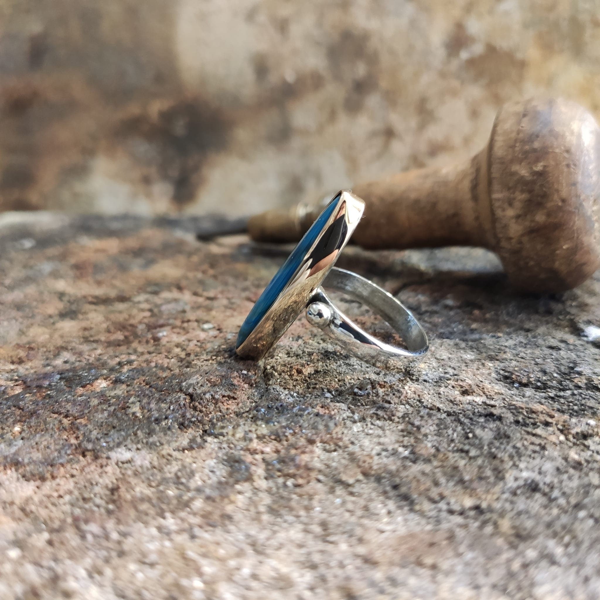 Blue Mother of Pearl Ring: Handmade Sterling Silver Statement