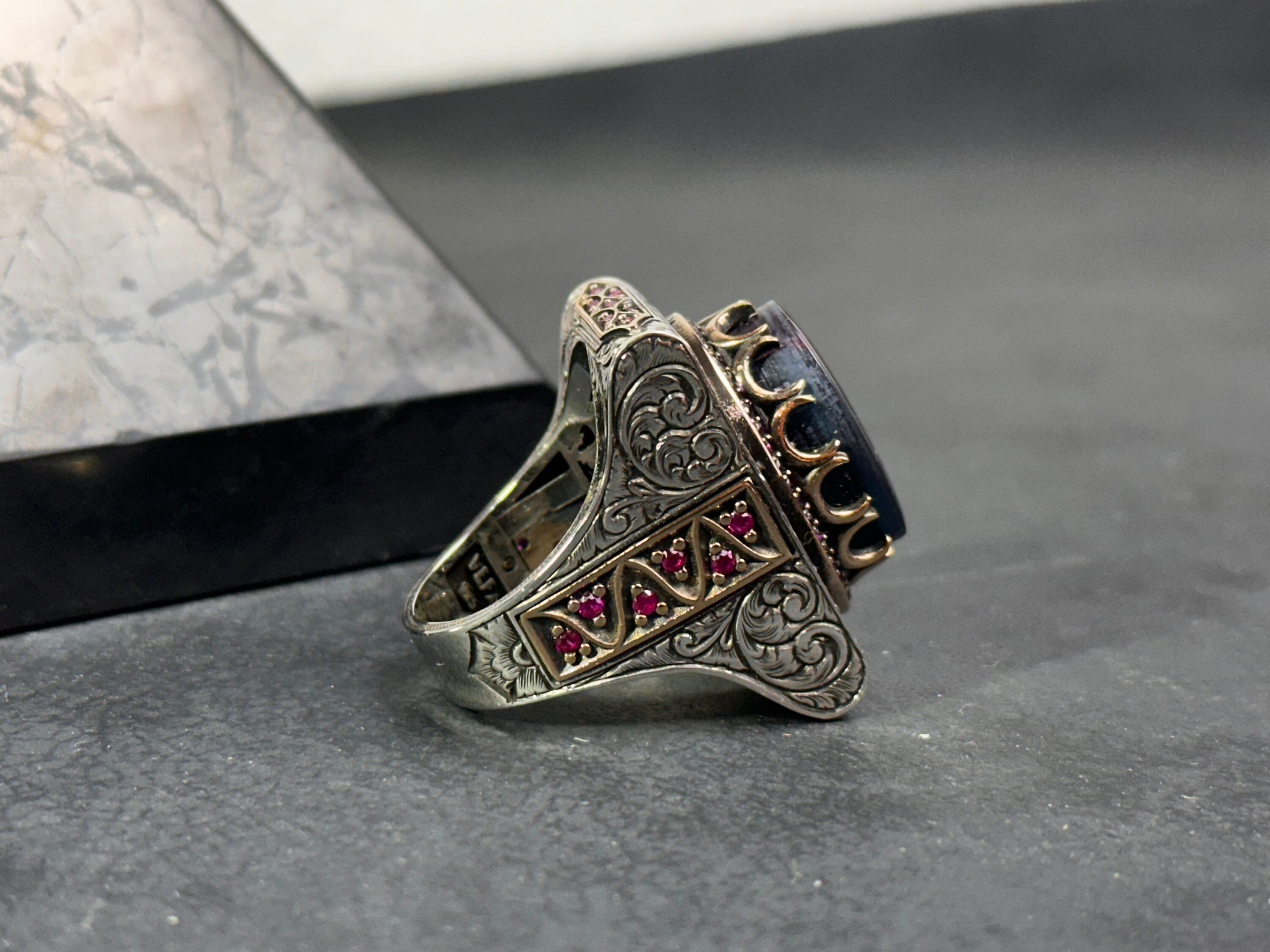 Solomon King Seal Ring: Sterling Silver, Amber Stone - Engraved Detail