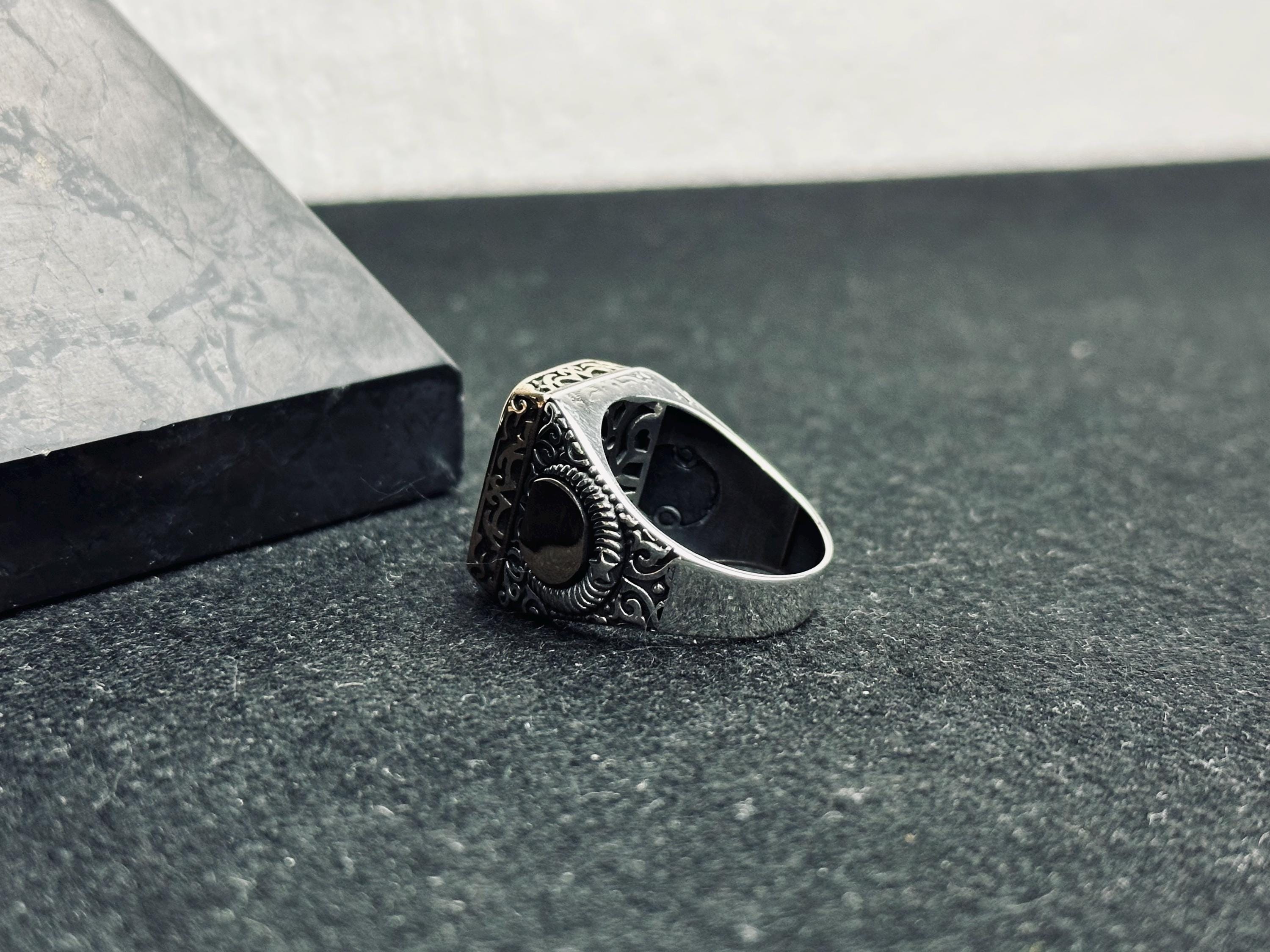 Sterling Silver Men's Amber Ring - Handmade Turkish Baltic Stone