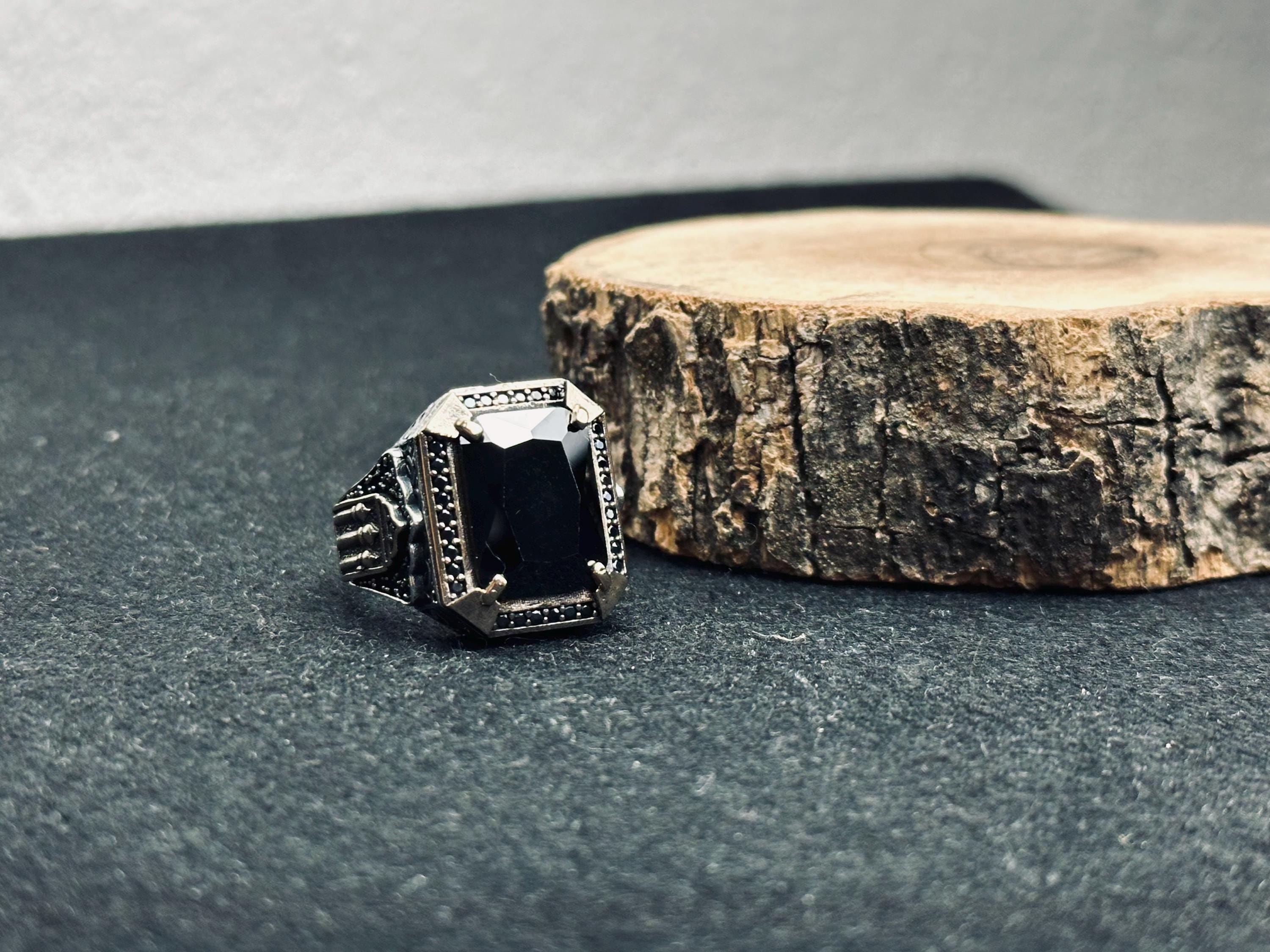Men's Oxidized Silver Signet Ring, Black Zircon (Handmade 925 Sterling)