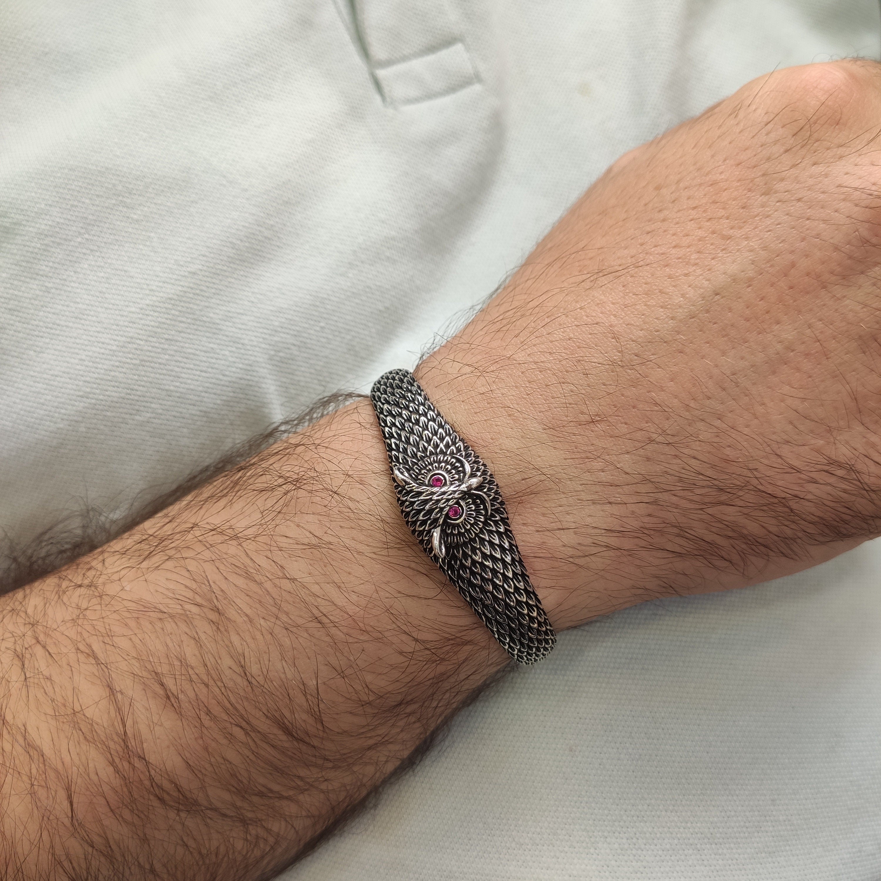 Sterling Silver Owl Cuff Bracelet (Handmade, Adjustable Size)