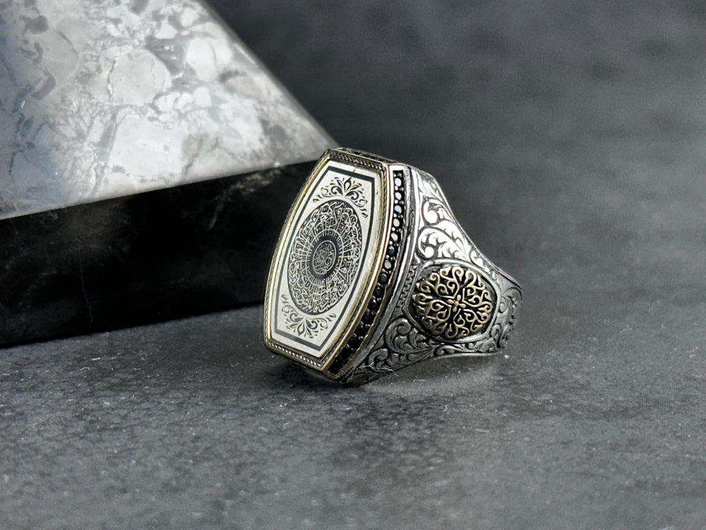 Islamic Silver Ring Surah Al-Inshirah, Black Zircon (Handmade 925 Sterling)