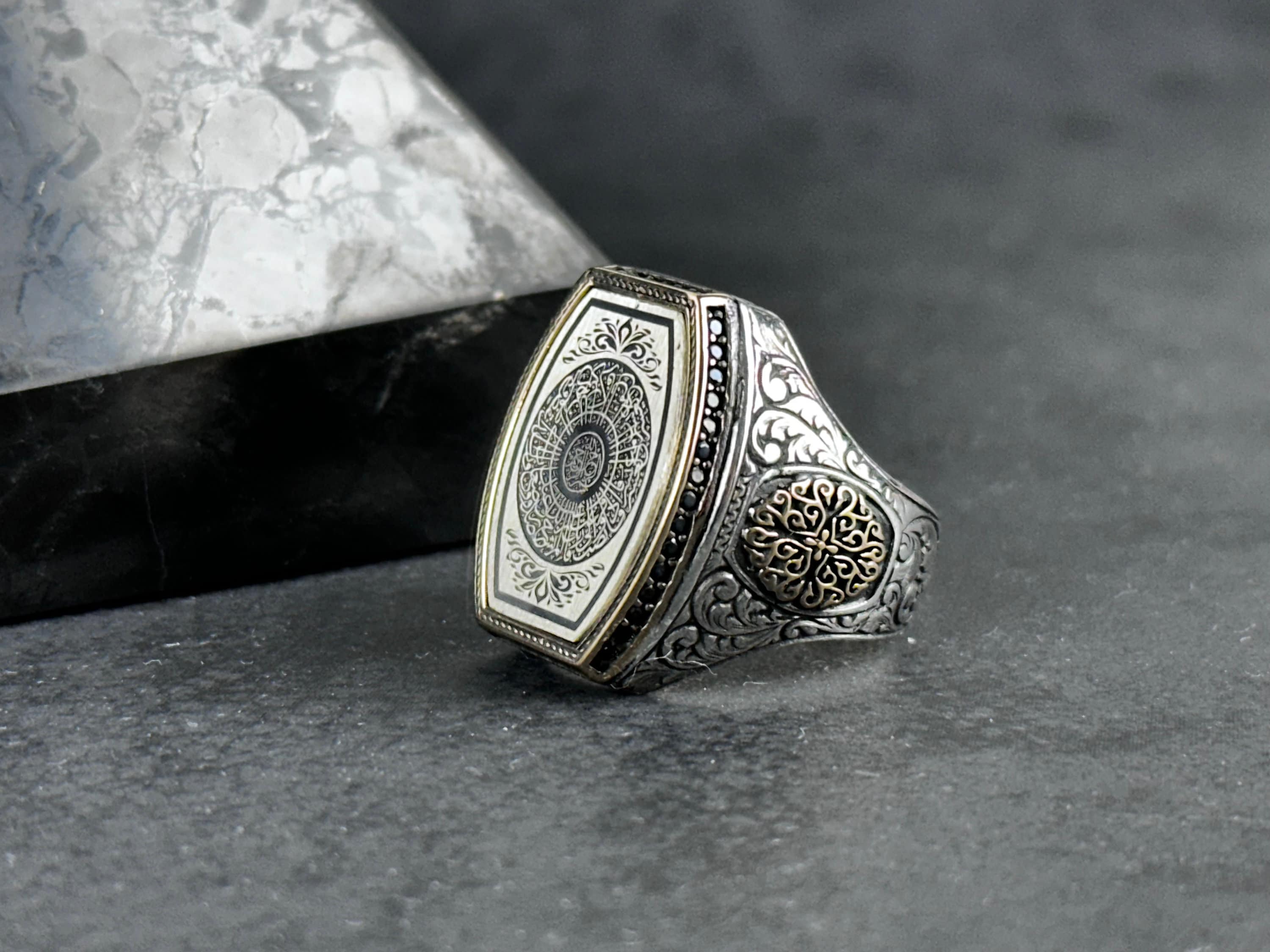 Islamic Silver Ring Surah Al-Inshirah, Black Zircon (Handmade 925 Sterling)