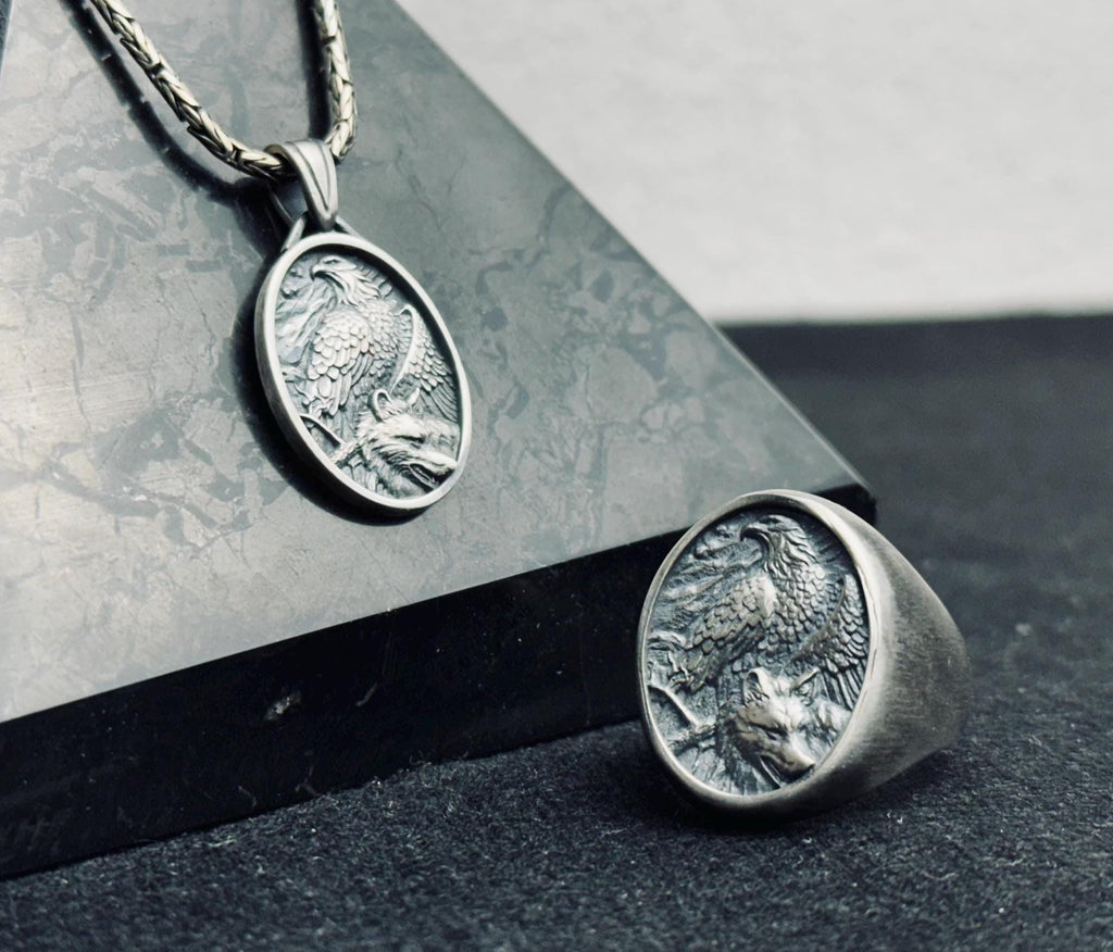 Sterling Silver Eagle Necklace and Ring Set - Handmade Winged Jewelry