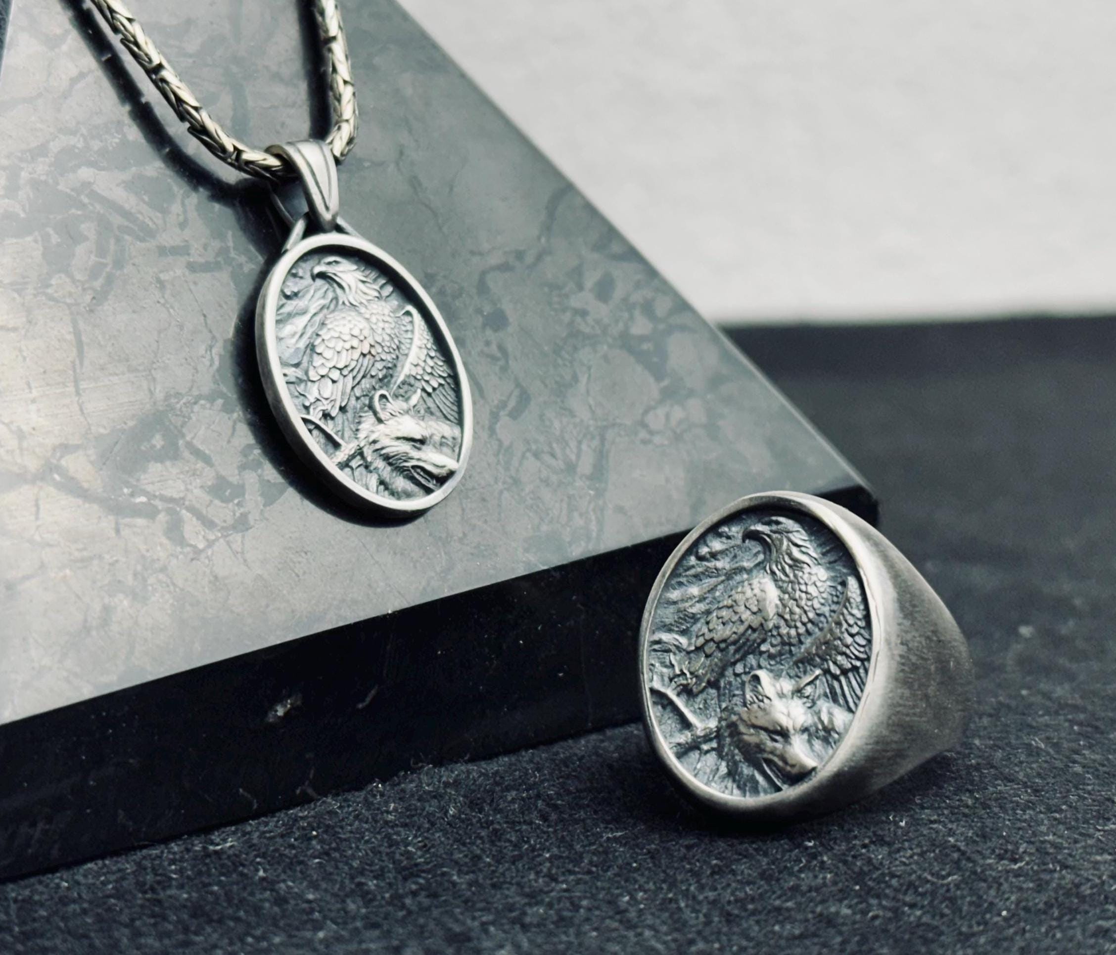 Sterling Silver Eagle Necklace and Ring Set - Handmade Winged Jewelry