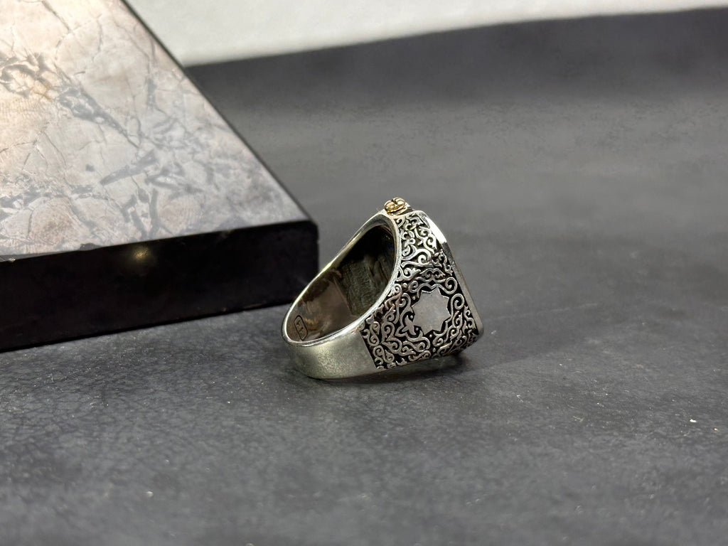 Men's Red Agate Silver Ring, Seal of Solomon (Double-Sided Design)