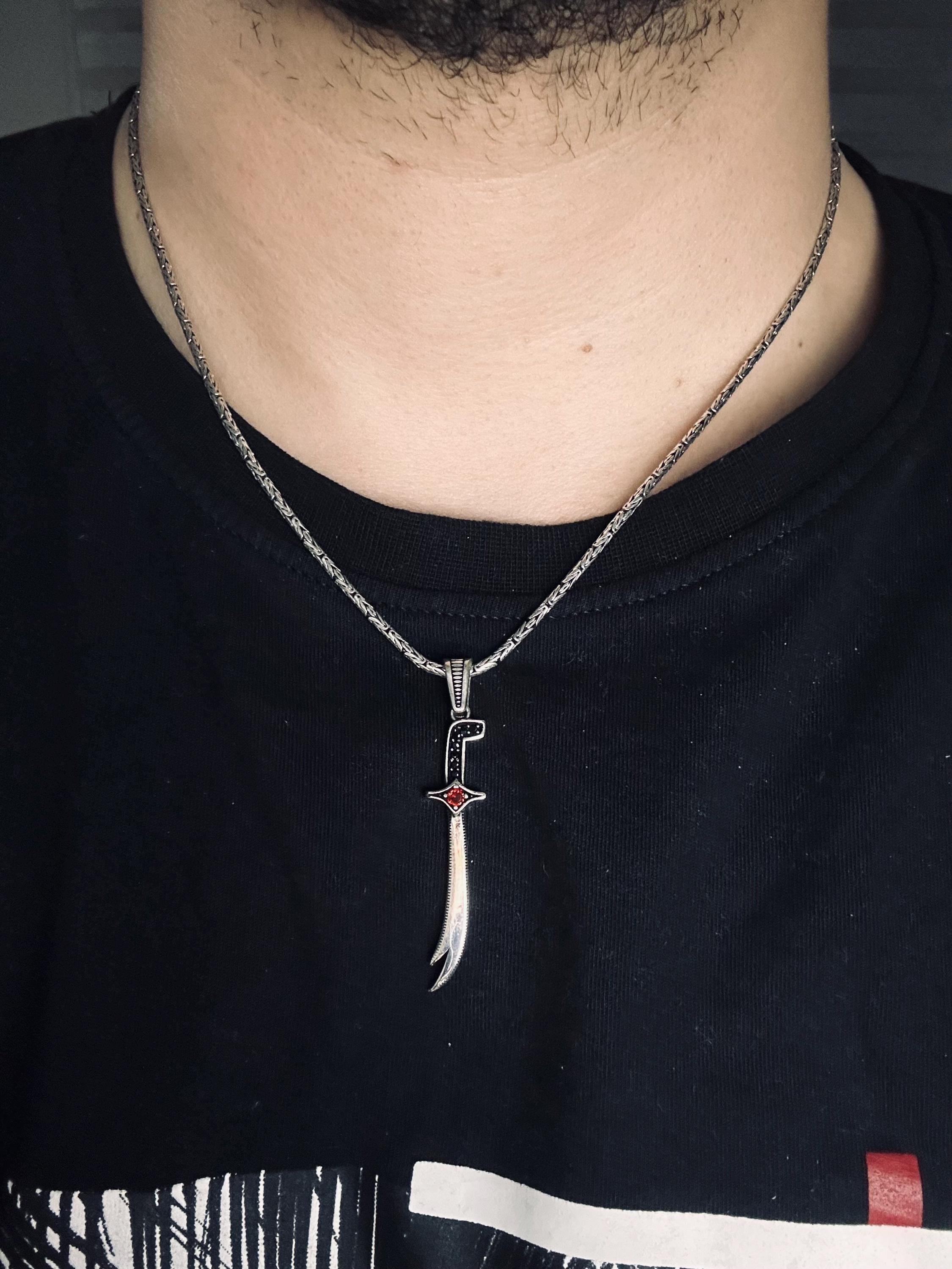 Silver Zulfiqar Sword Necklace: Islamic Design (Handmade, Zircon Accent)