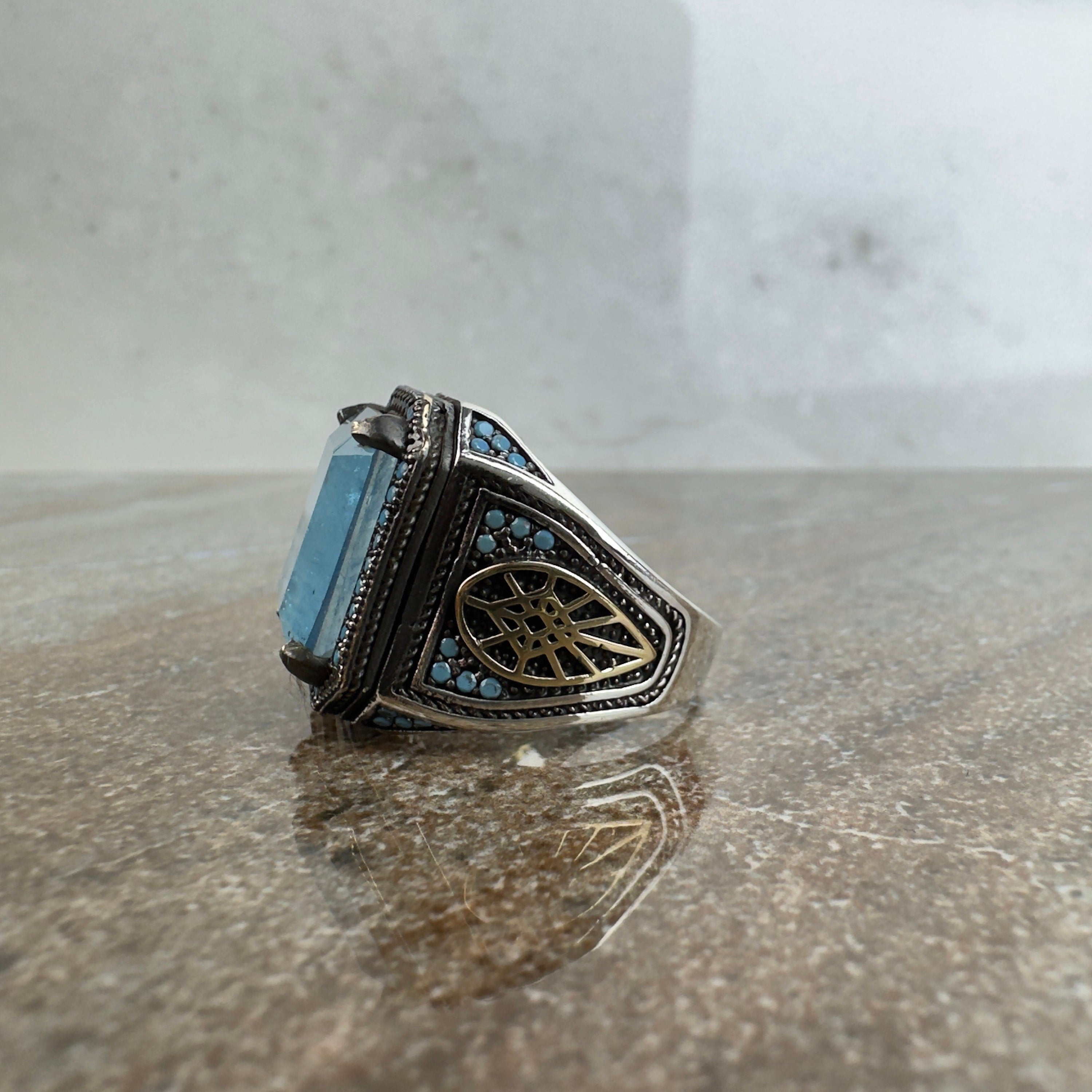 Aquamarine Sterling Silver Ring - Handmade Men's Statement Jewelry