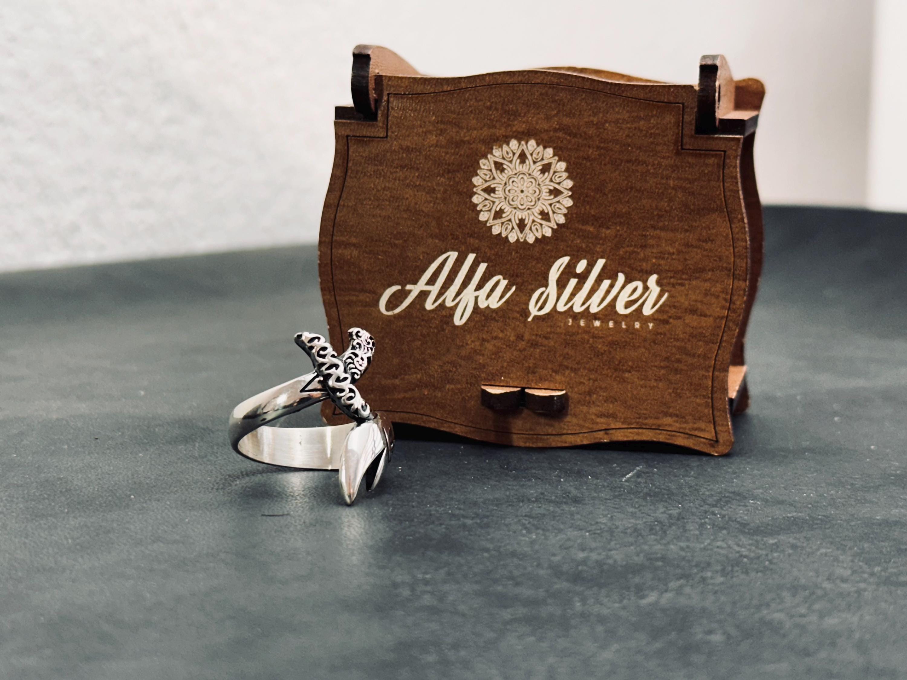 Arabic Calligraphy Sword Ring, Sterling Silver (Adjustable Thumb Band)