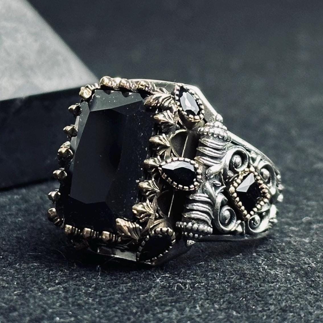 Men's Statement Ring: Black Zircon Square - 925 Sterling Silver