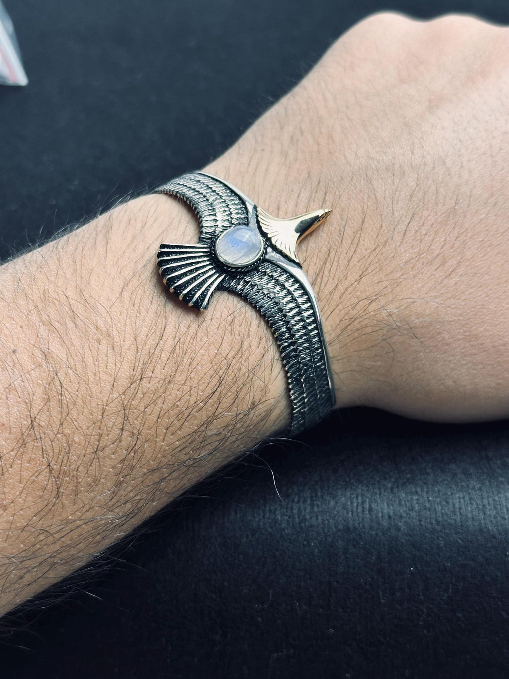 Eagle Moonstone Bracelet: Handmade Sterling Silver (Cuff Style)