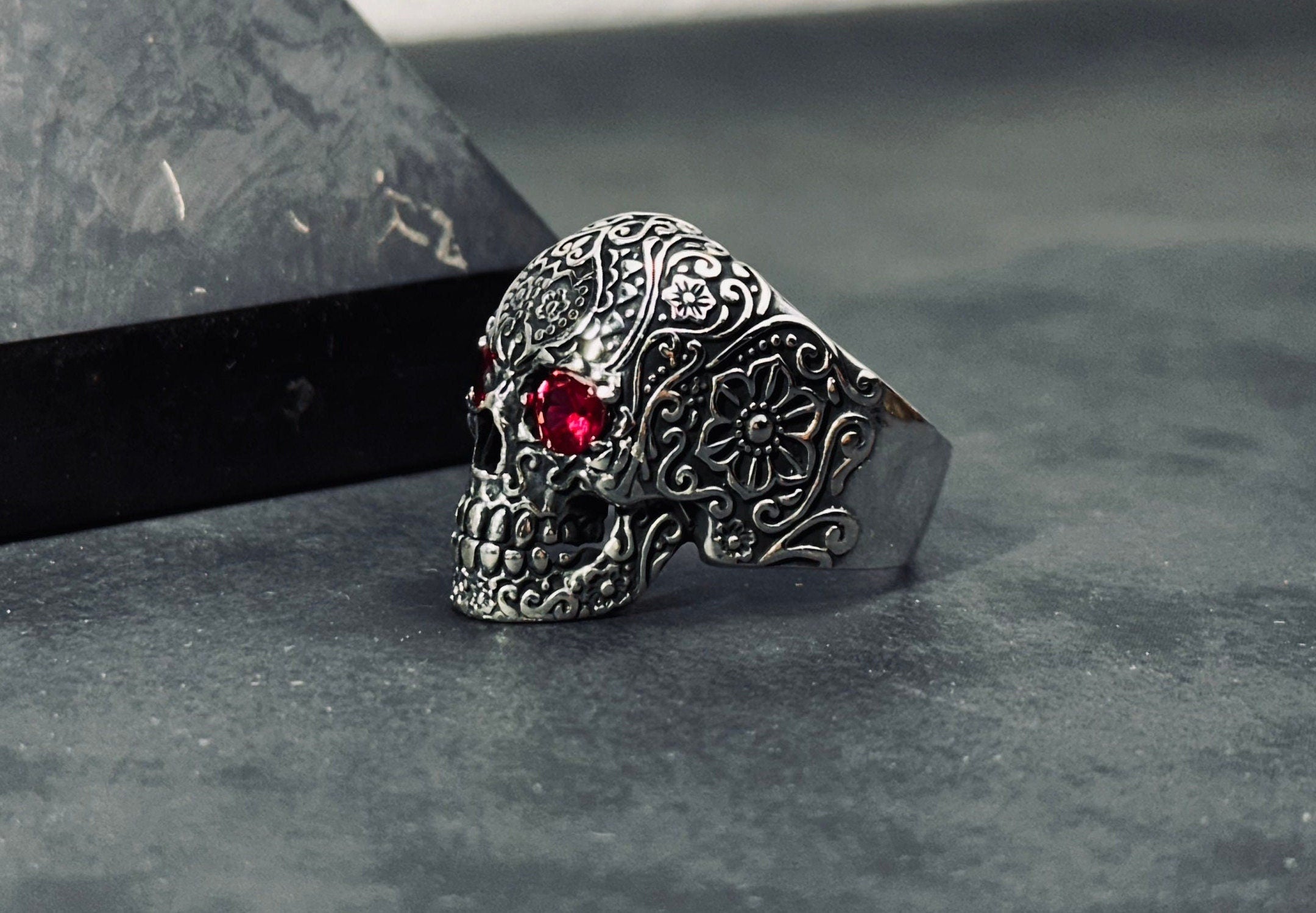 Engraved Skull Sterling Silver Ring - Biker Style with Cubic Zircon