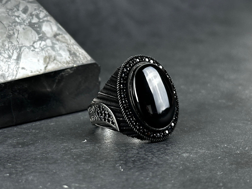 Handmade Silver Onyx Ring - Solid Sterling with Zircon Accent