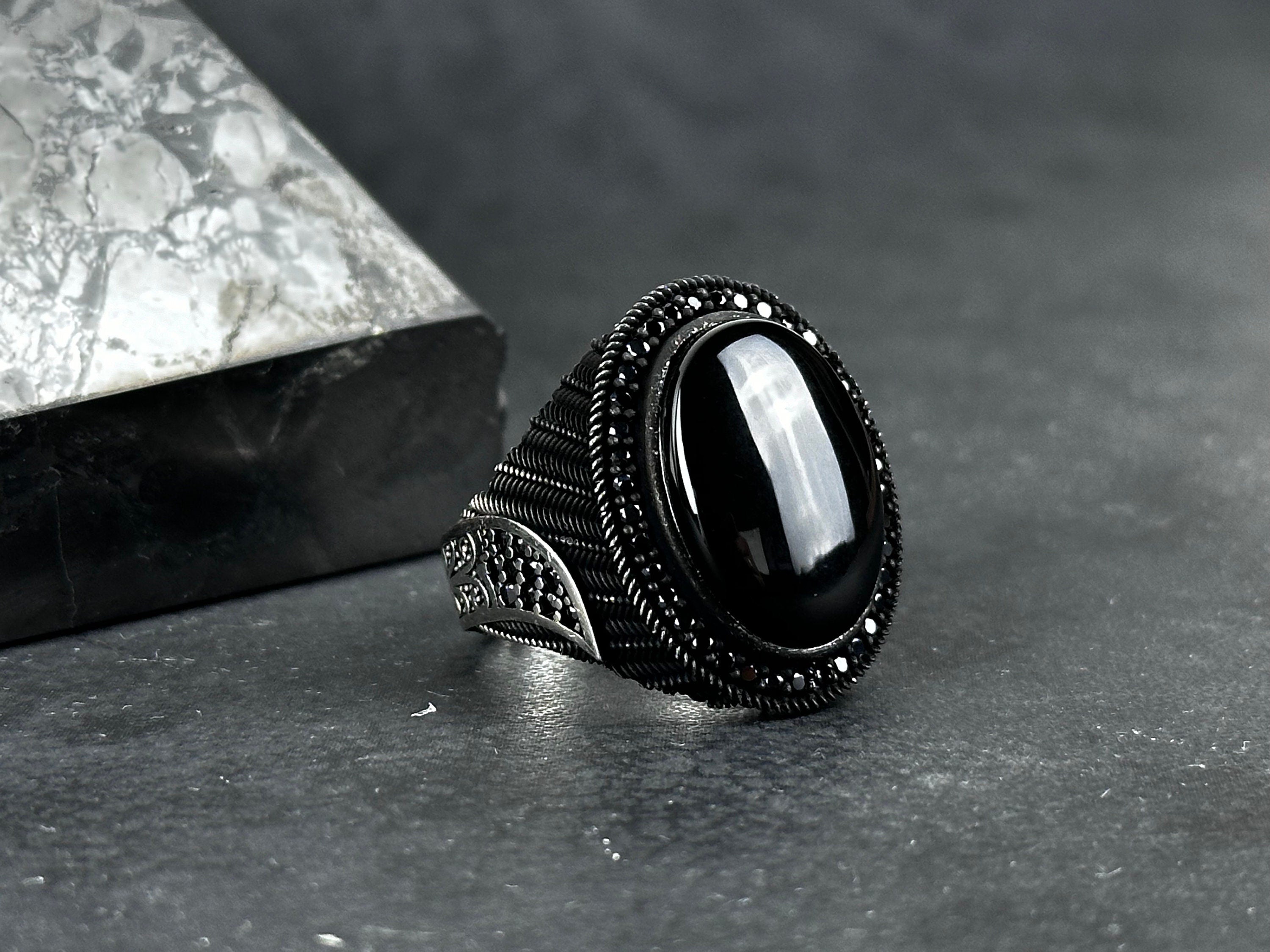 Handmade Silver Onyx Ring - Solid Sterling with Zircon Accent