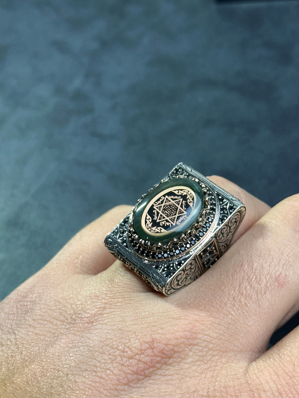 Solomon Seal Ring: Green Amber in Sterling Silver (Handmade Gift Box)