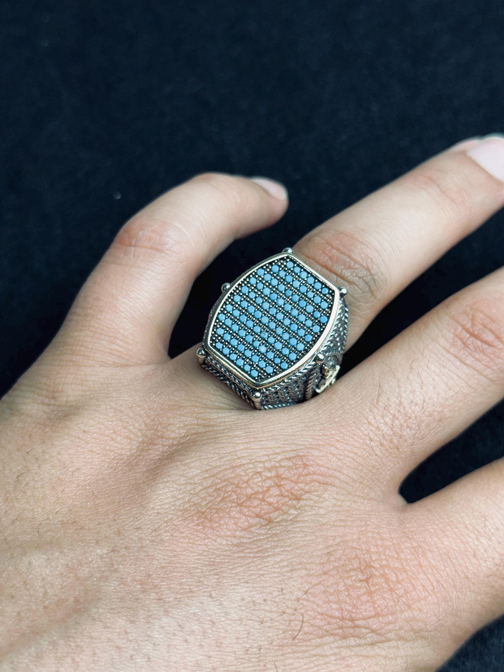 Turquoise Men's Ring - Sterling Silver with Zircon and Mosque Detail