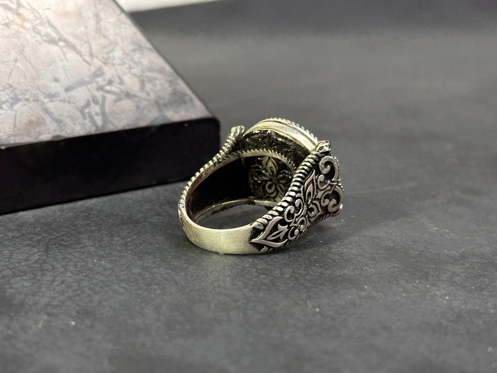 Engraved Greek Onyx Ring: Sterling Silver Flat Black Stone