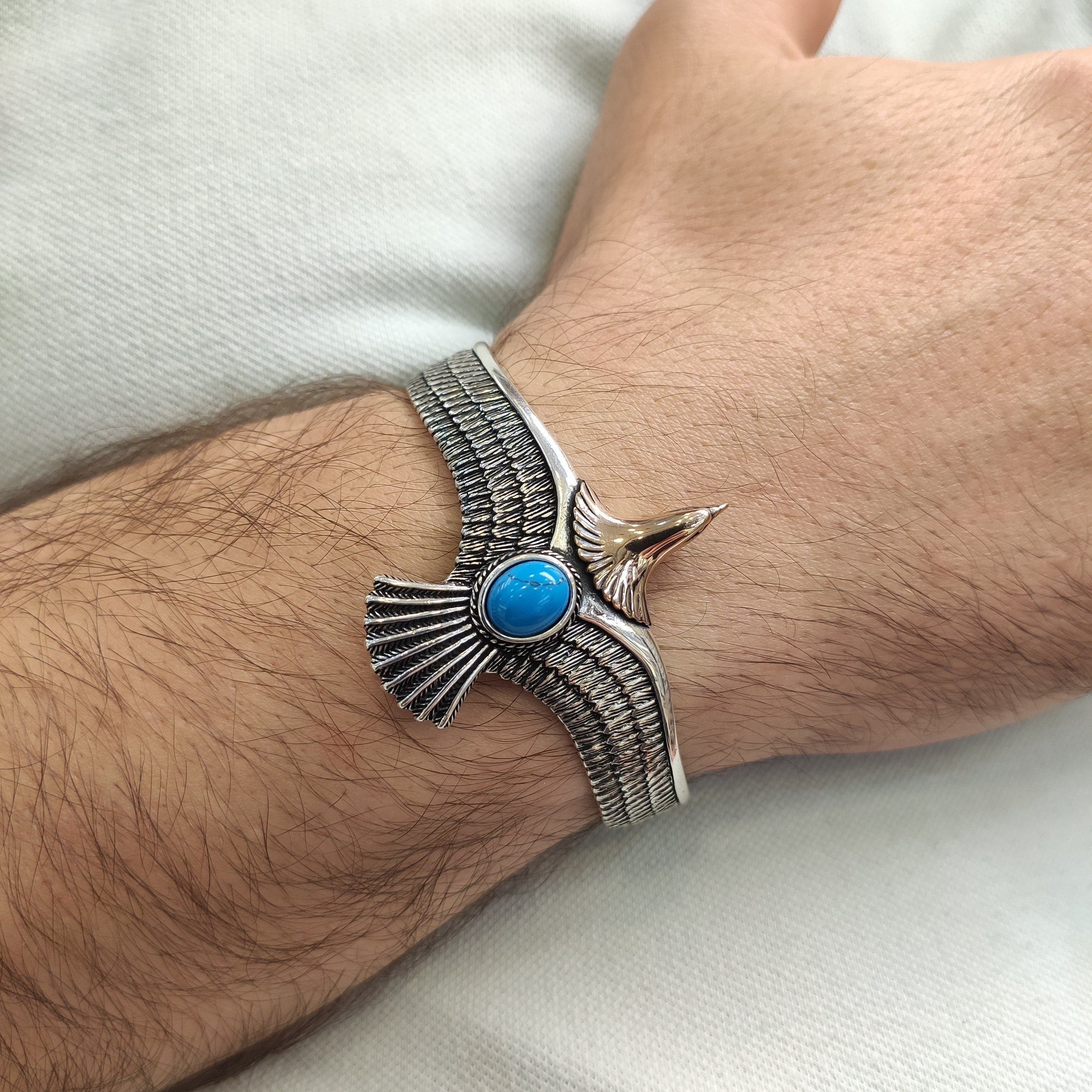 Sterling Silver Eagle Cuff Bracelet: Turquoise Stone, Handmade