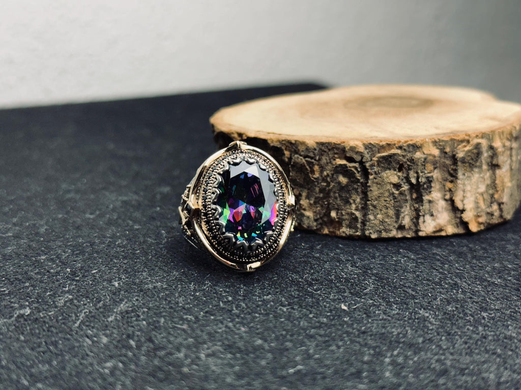 Mystic Topaz Ring: Oval Sterling Silver, Boho Men's Jewelry