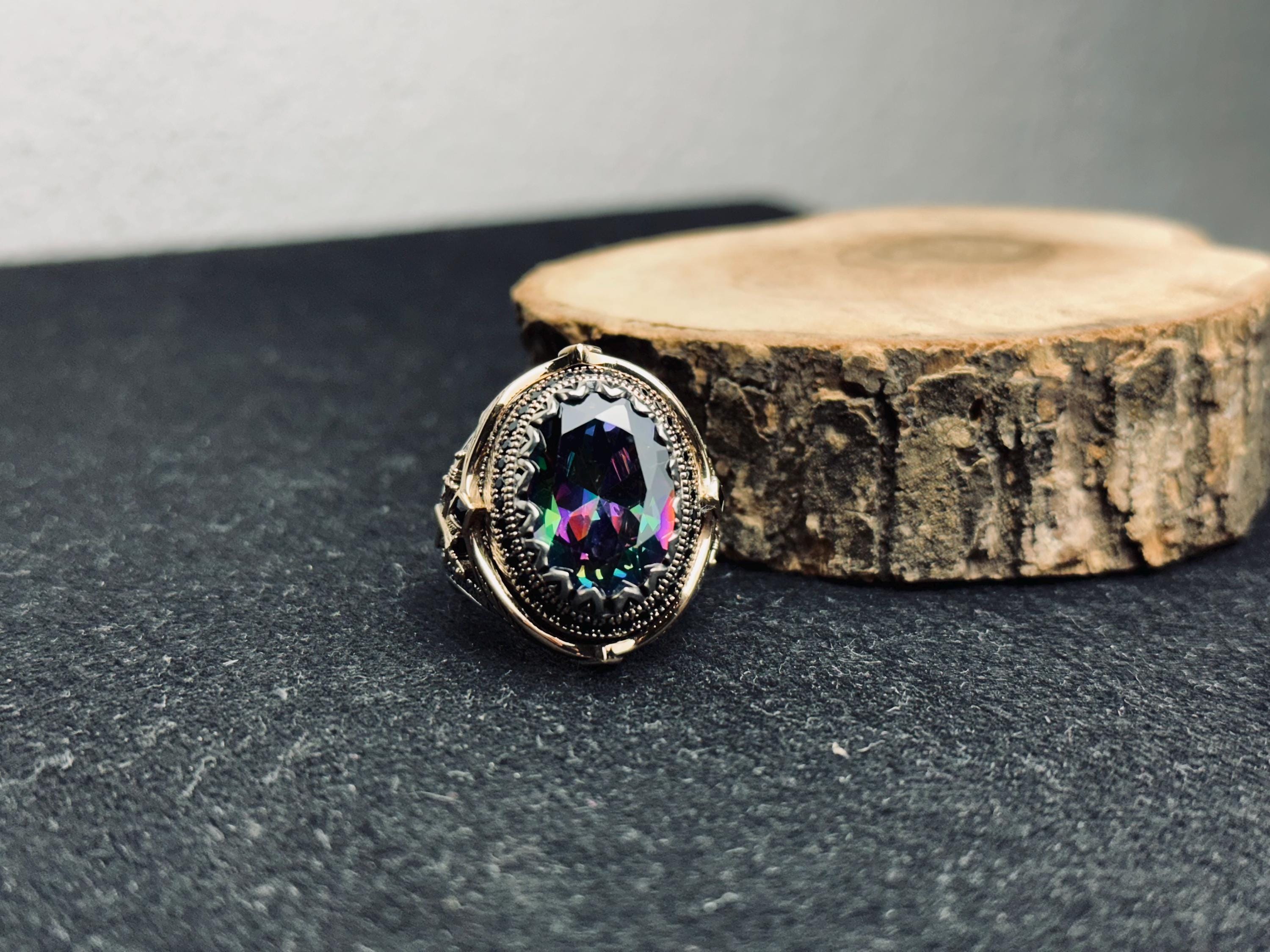 Mystic Topaz Ring: Oval Sterling Silver, Boho Men's Jewelry