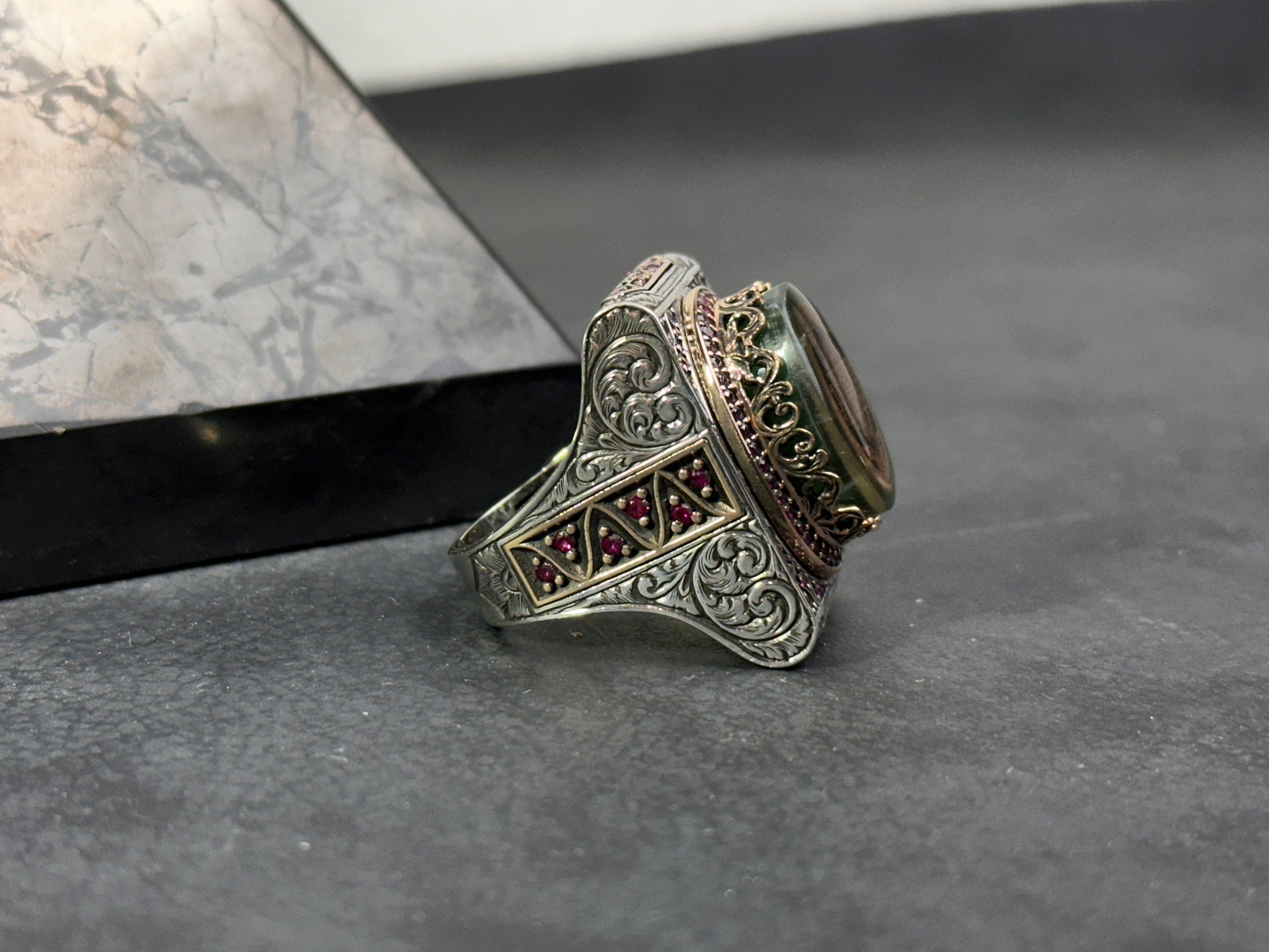 Green Amber Solomon Ring: Sterling Silver, Big Men's Signet