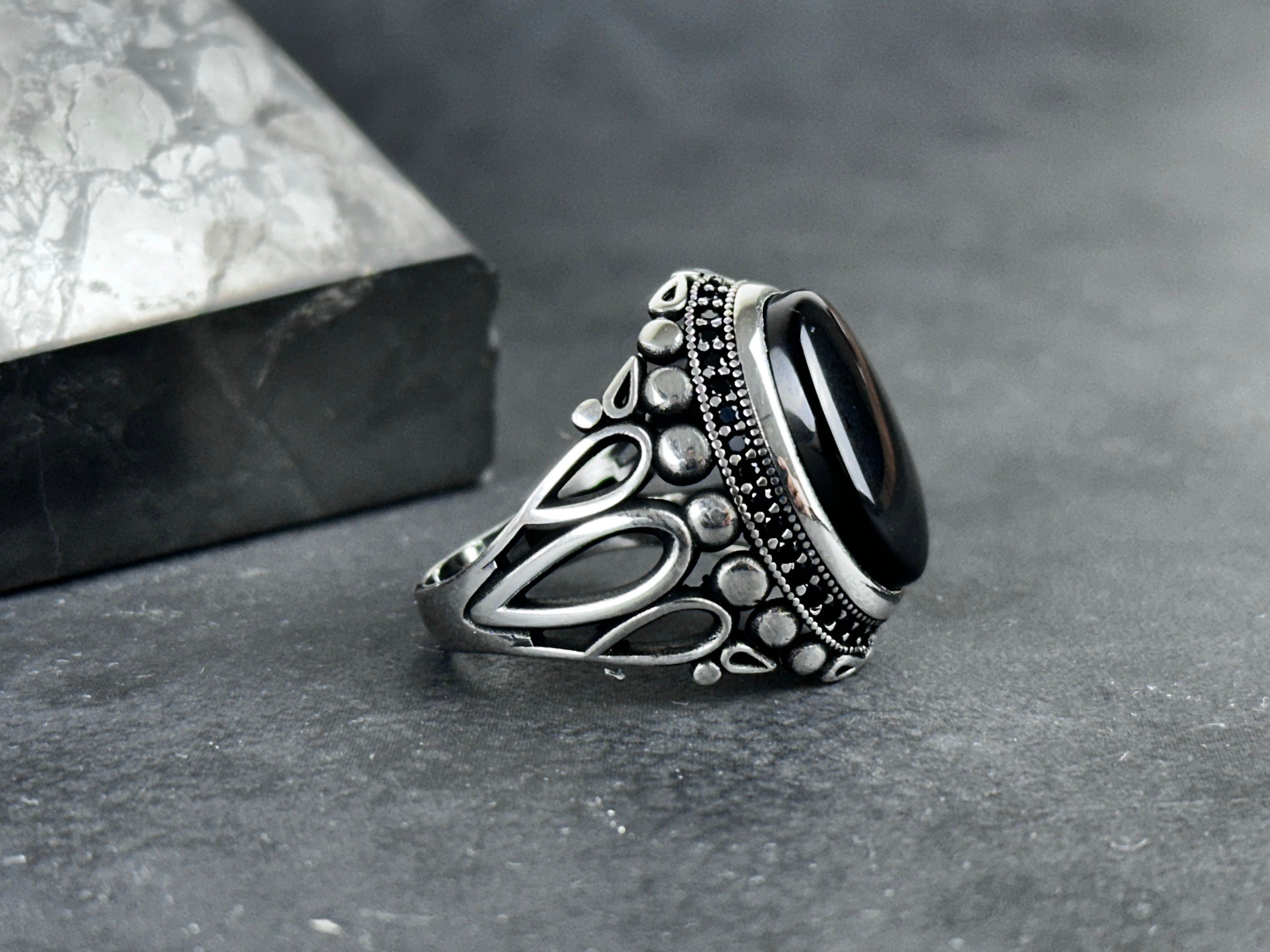 Natural Onyx Silver Ring - Handmade Bold Statement Jewelry