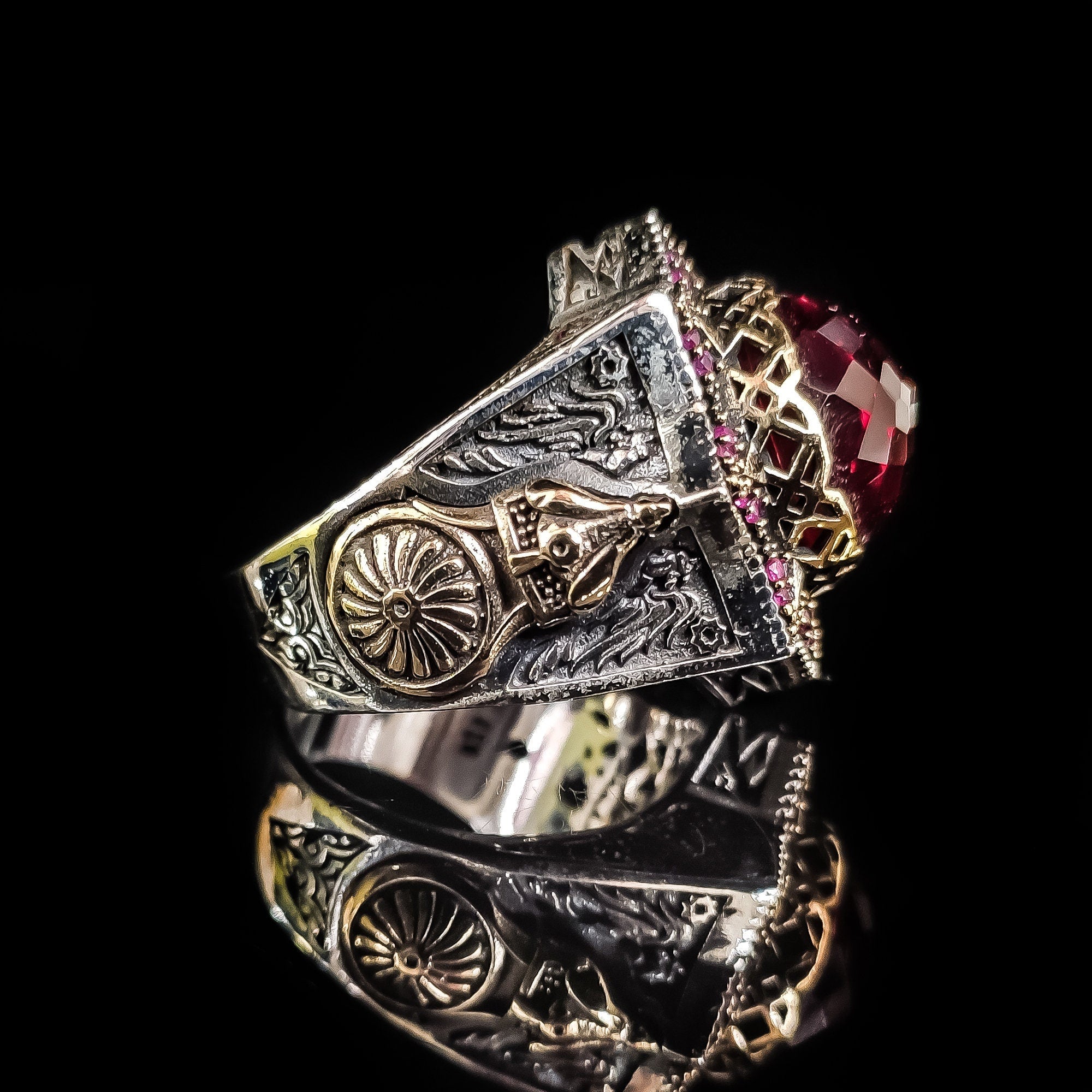 Ottoman Helmet Silver Ring, Red Zircon Accent (Men's Size)
