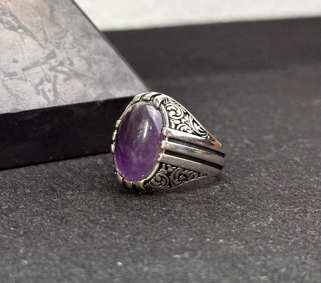 Amethyst Gemstone Ring: Handmade Sterling Silver (Men's Size)