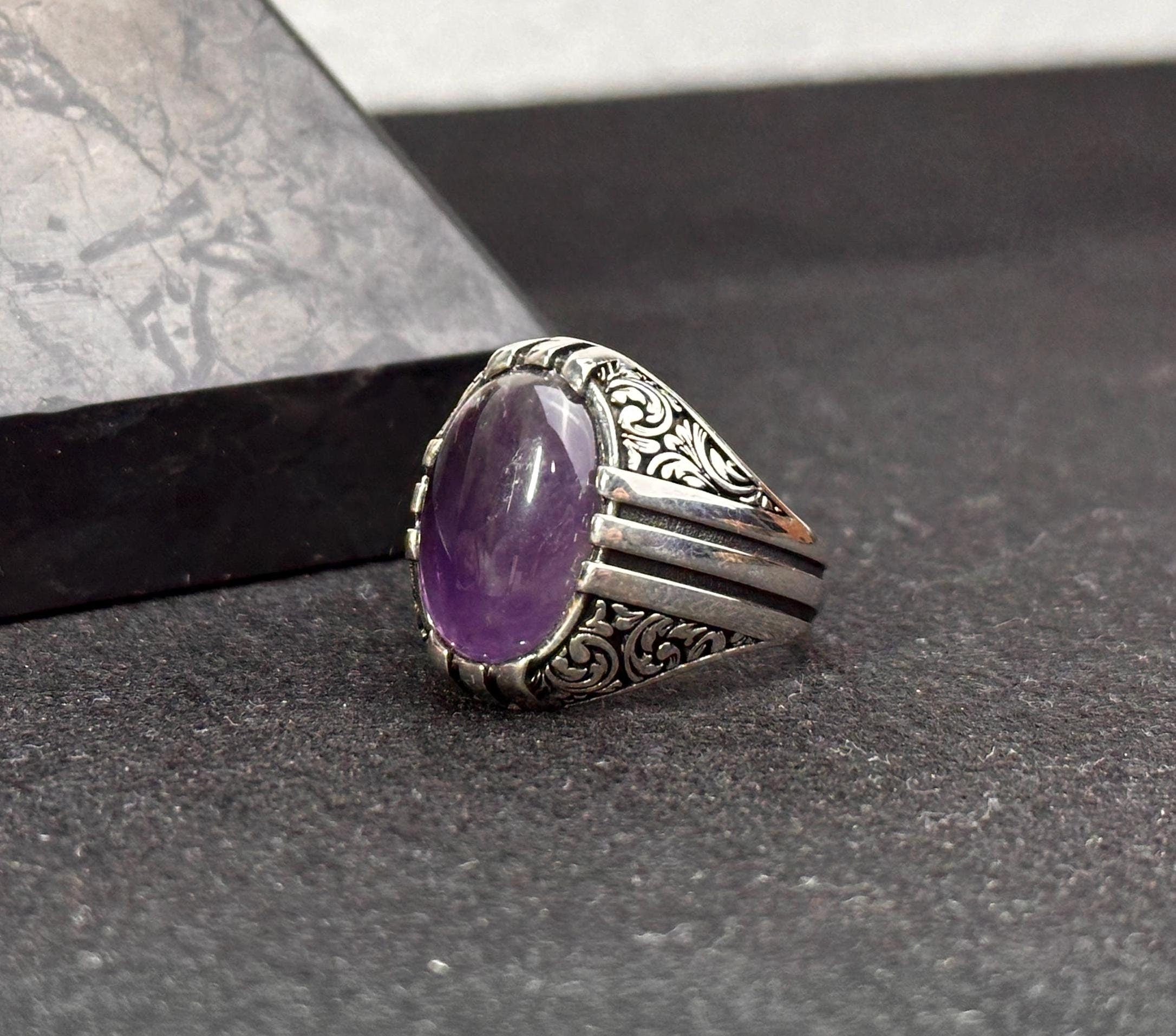 Amethyst Gemstone Ring: Handmade Sterling Silver (Men's Size)