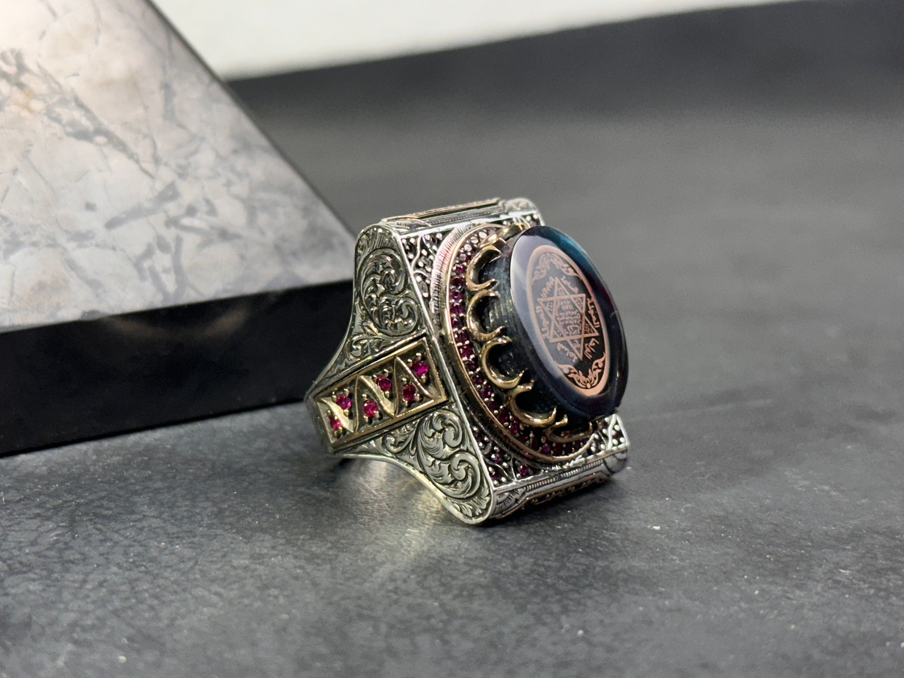 Solomon King Seal Ring: Sterling Silver, Amber Stone - Engraved Detail