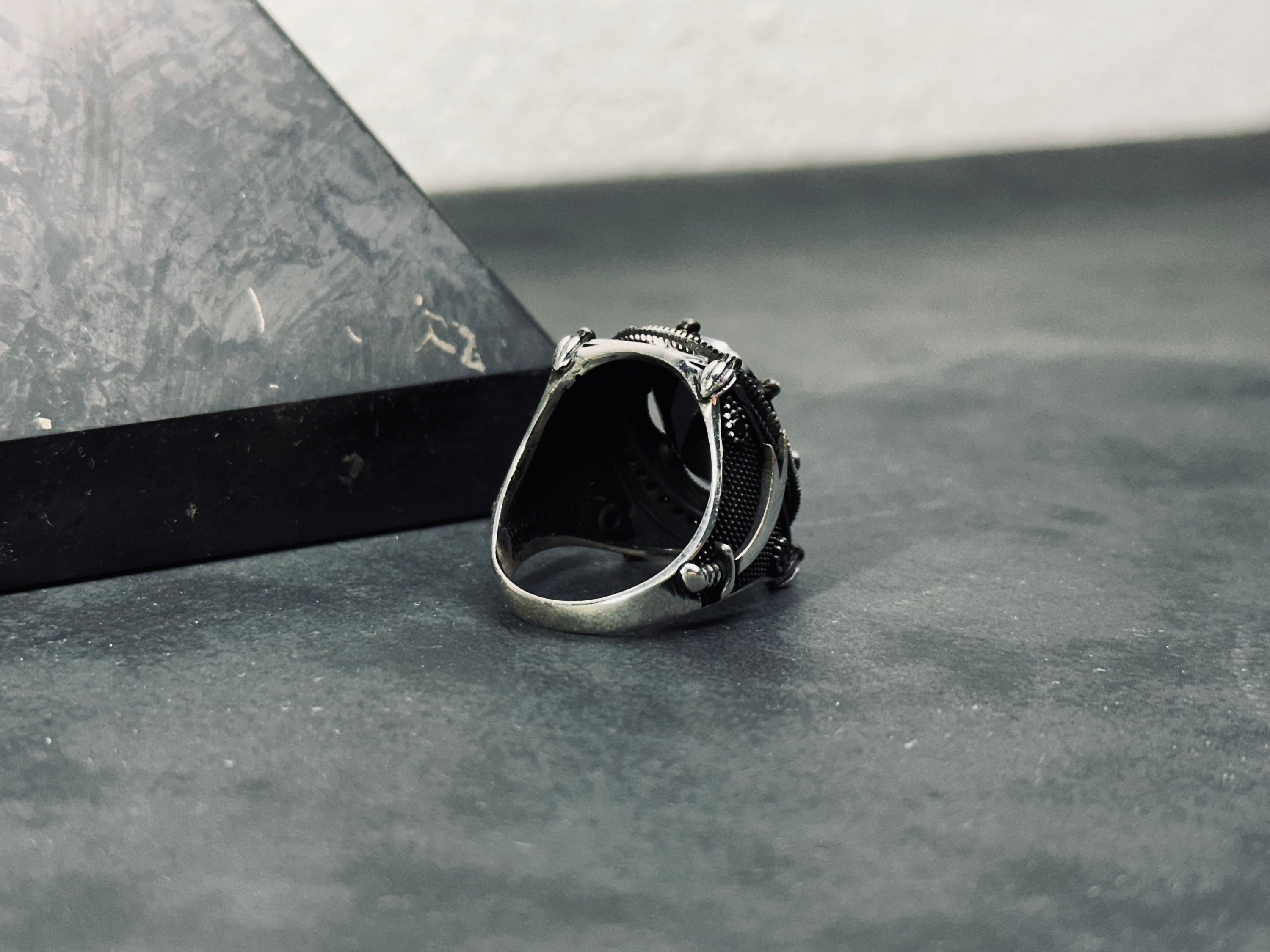 Hazrat Ali Sword Ring, Black Zircon, Sterling Silver (Men's Size)