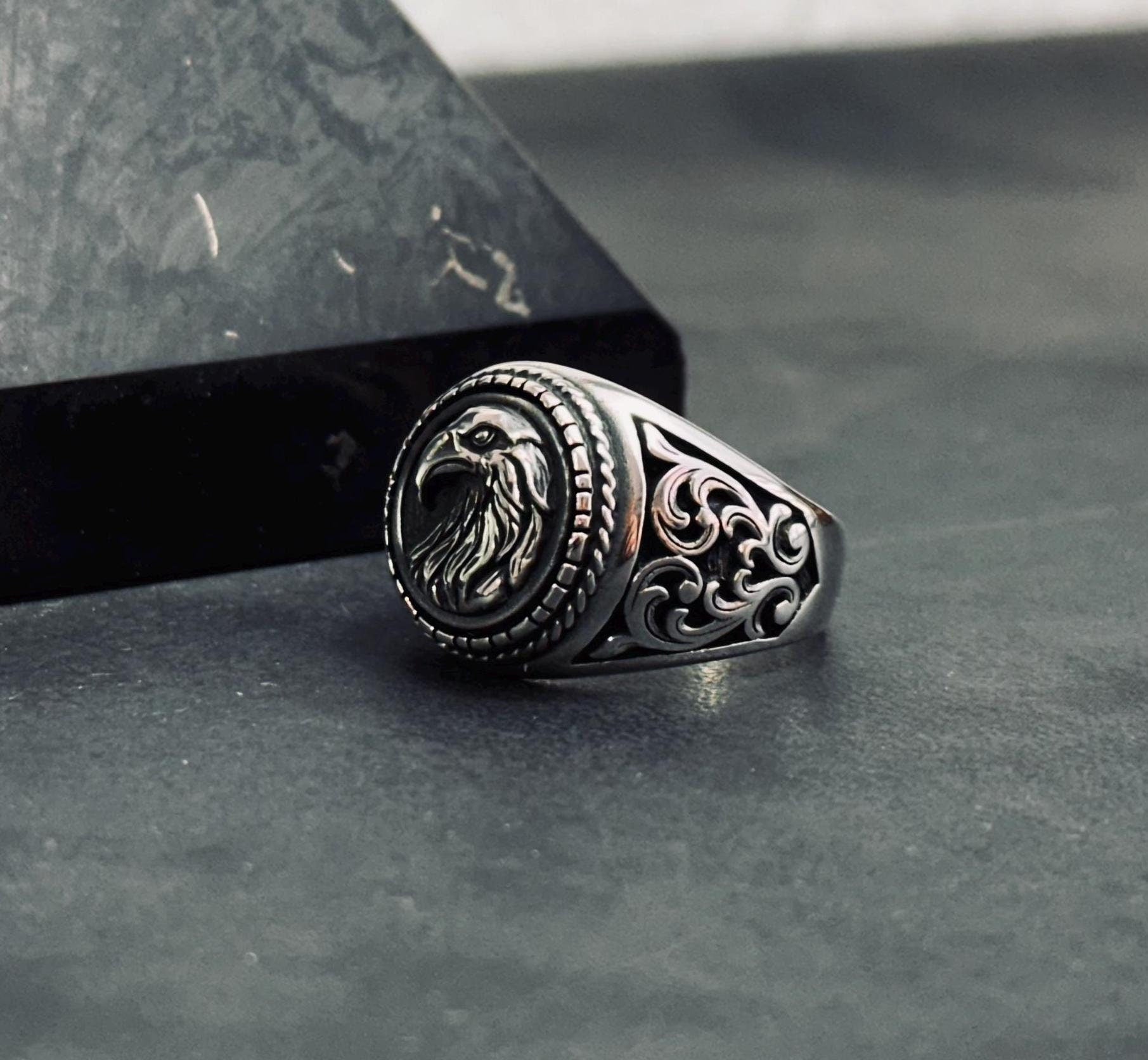 Artisan Sterling Silver Eagle Ring, Round Band (Mens and Womens)