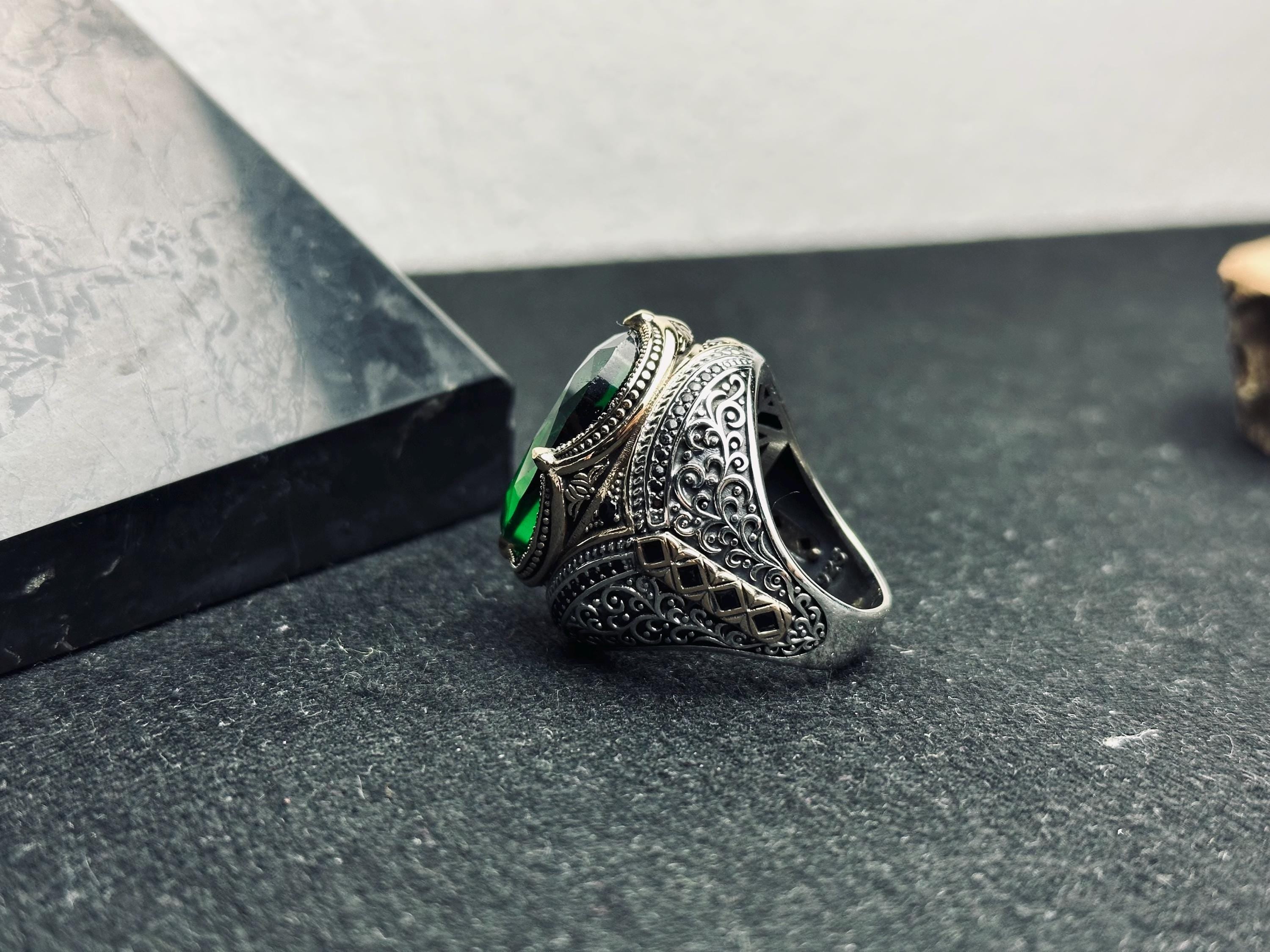 Emerald Islamic Ring: Sterling Silver, Quran Verse, Handmade