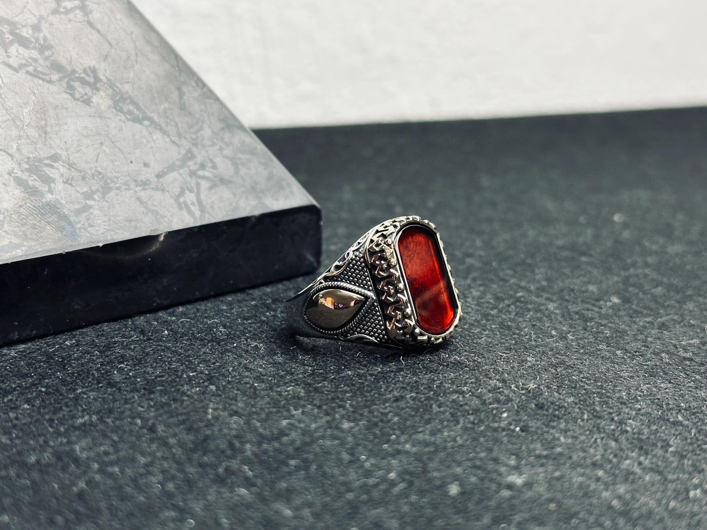 Men’s Baltic Amber Ring: Square Red Gem - Handmade Sterling Silver