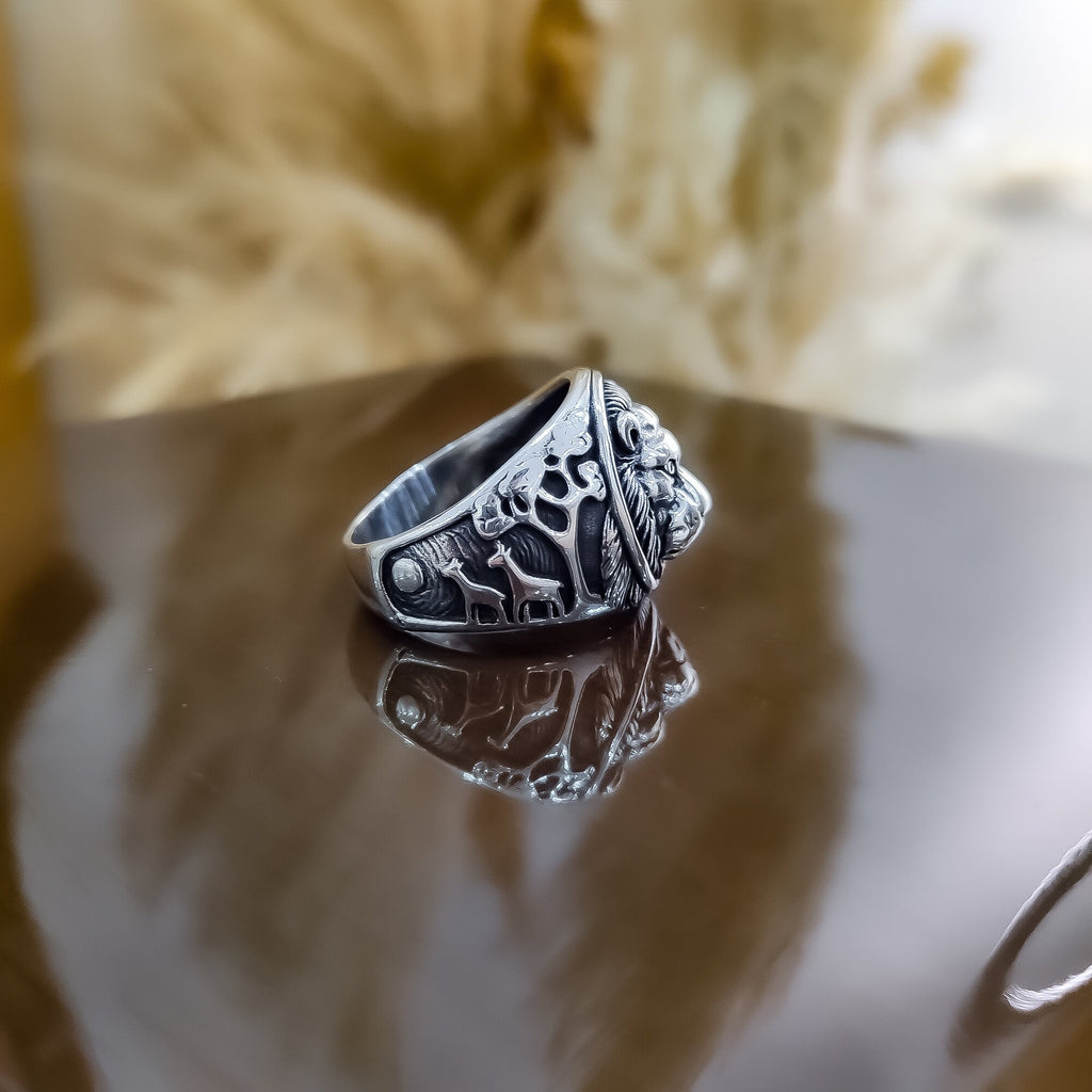 Lion Head Sterling Silver Ring, Green Agate Mystic (Men's Size 7)
