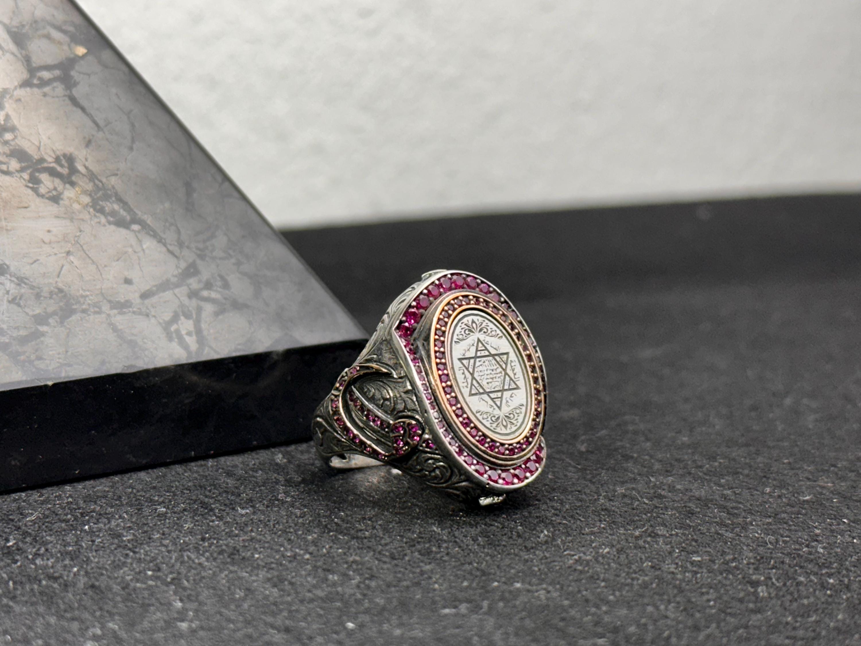 Seal of Solomon Ring: Arabic Calligraphy - Sterling Silver, Pink CZ