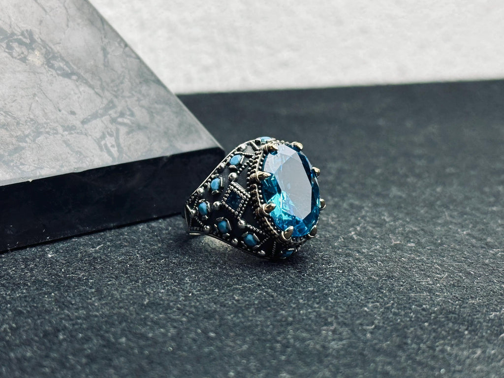 Men's Aquamarine Ring: Handmade Turkish Silver - March Birthstone