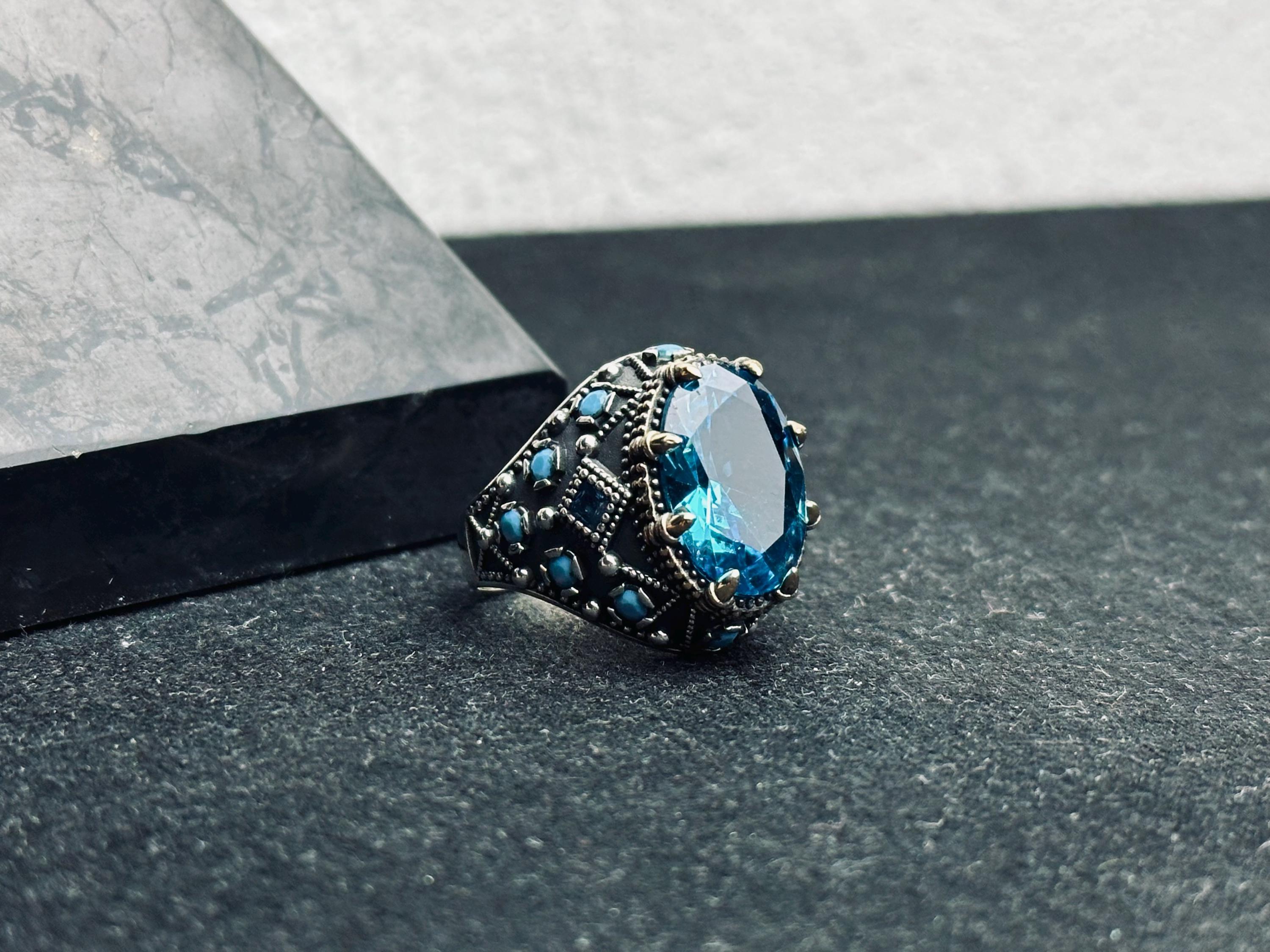 Men's Aquamarine Ring: Handmade Turkish Silver - March Birthstone