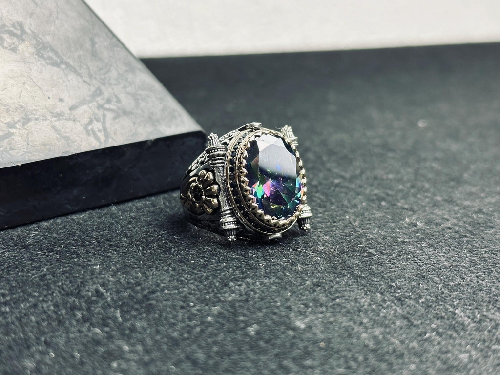 Mystic Topaz Men's Ring - Square Stone, Turkish Handmade Silver