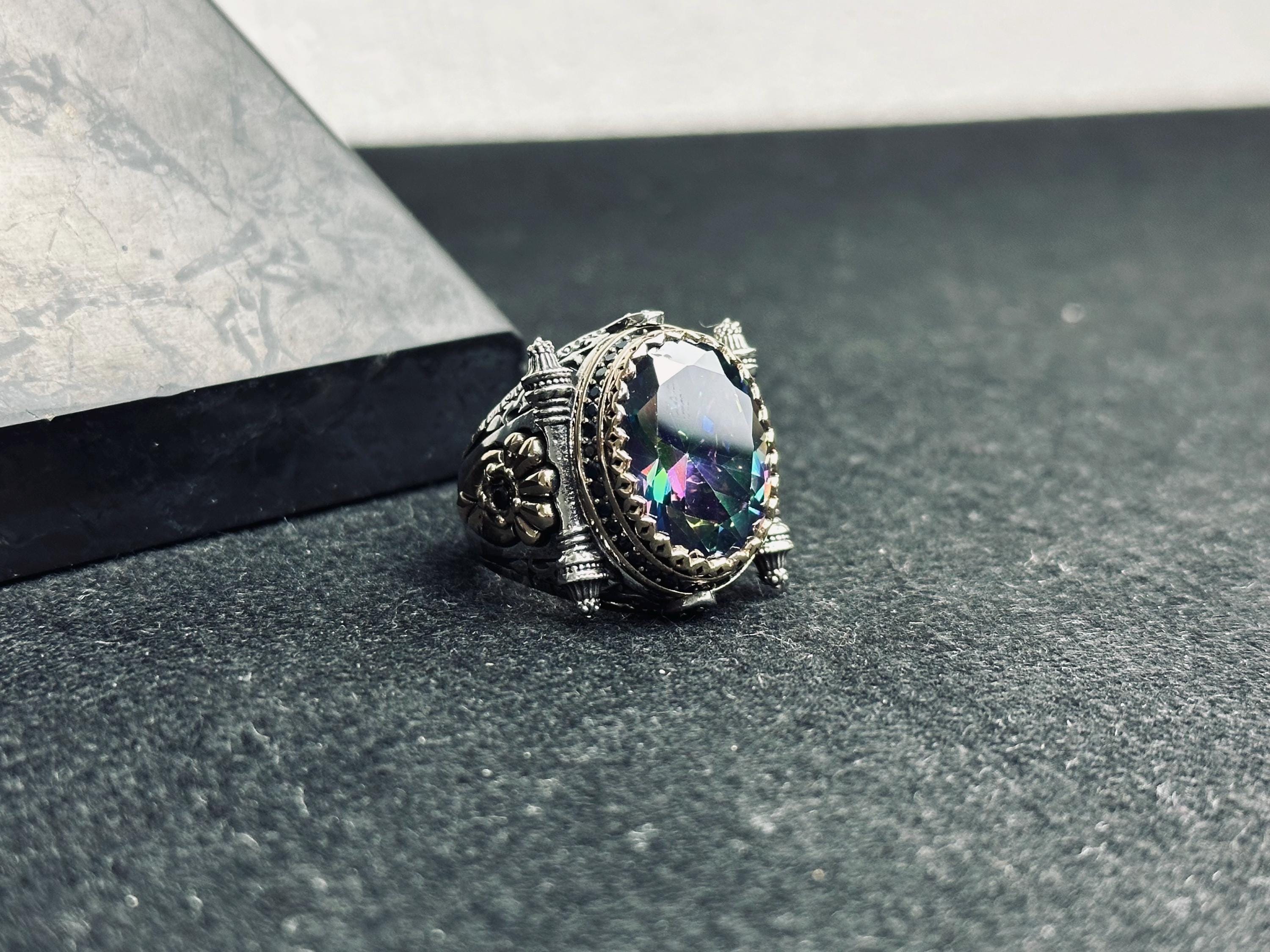 Mystic Topaz Men's Ring - Square Stone, Turkish Handmade Silver